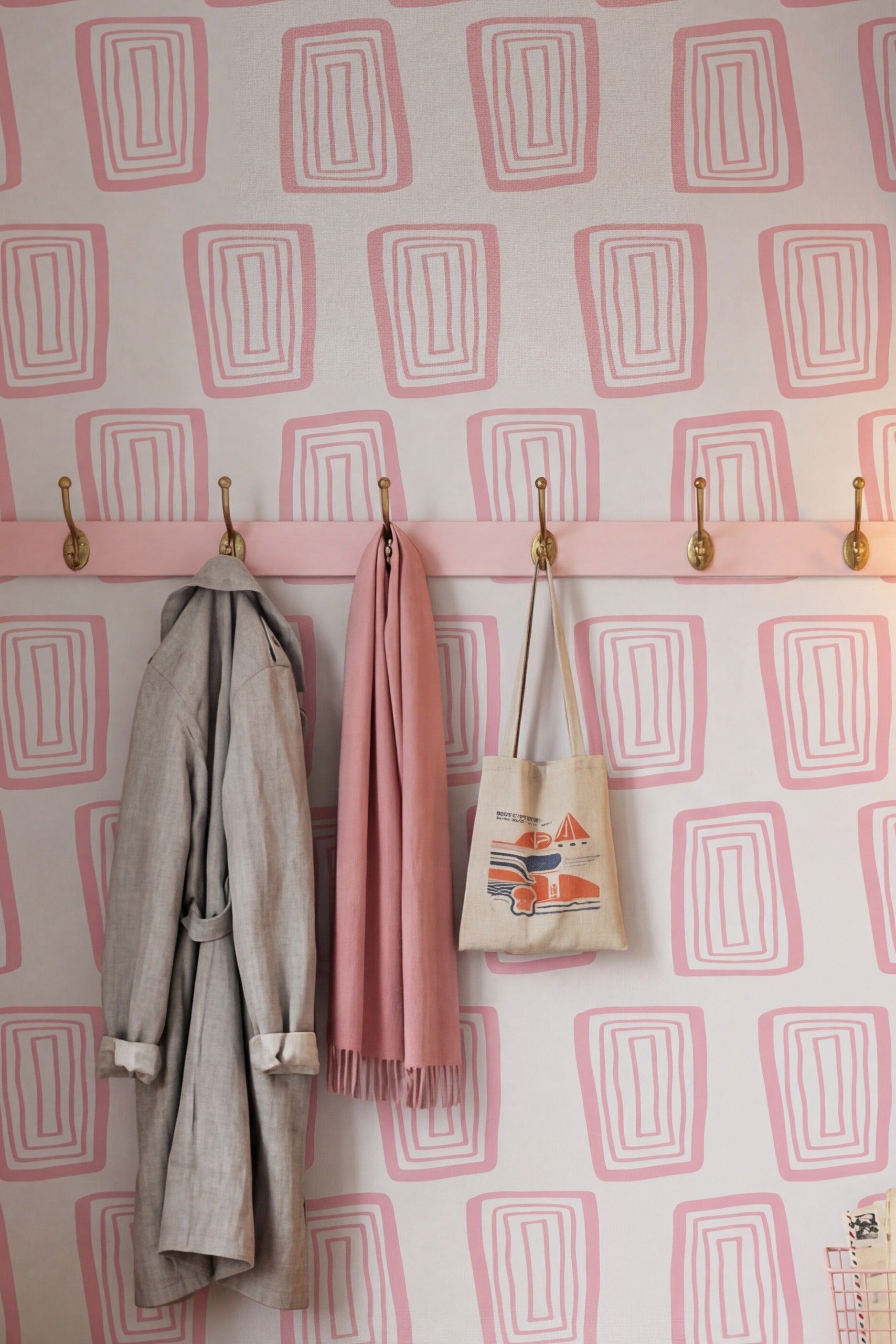 Bubble Grid wallpaper shown in a mudroom