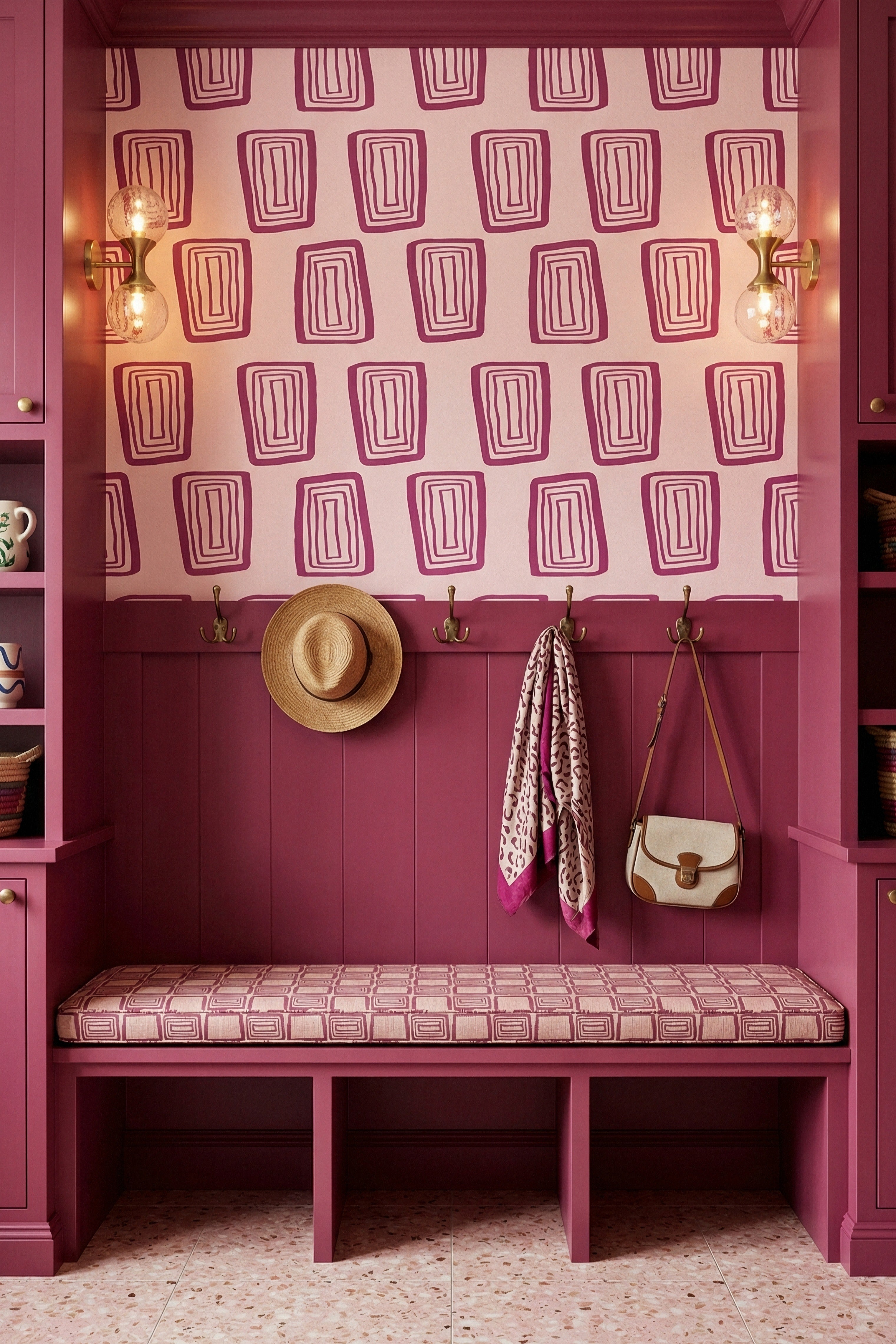 Groove Blush wallpaper shown in a mudroom