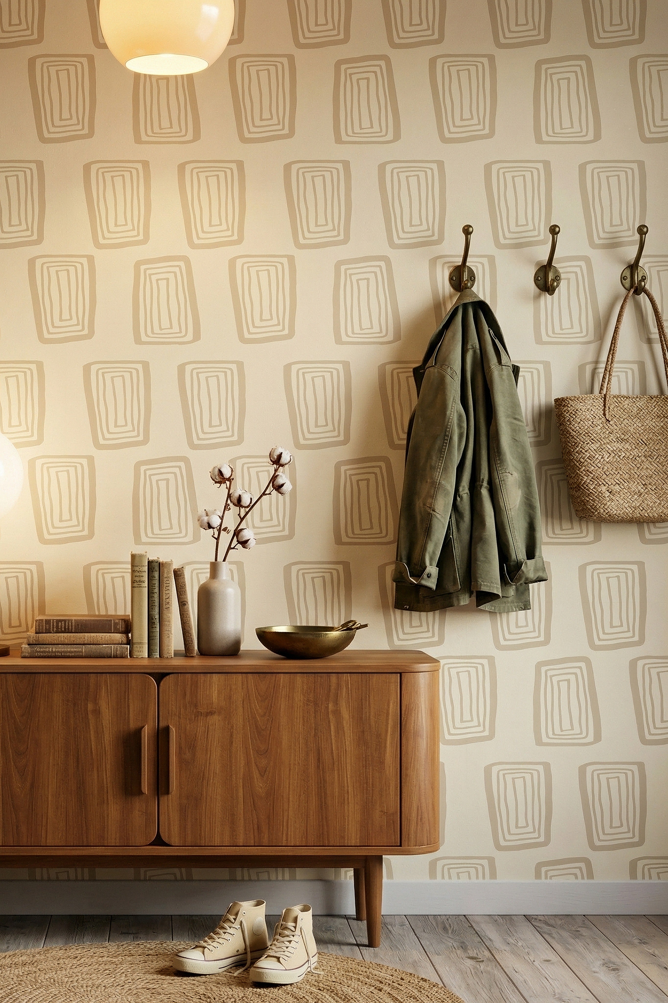 Cream Groove wallpaper shown in a mudroom