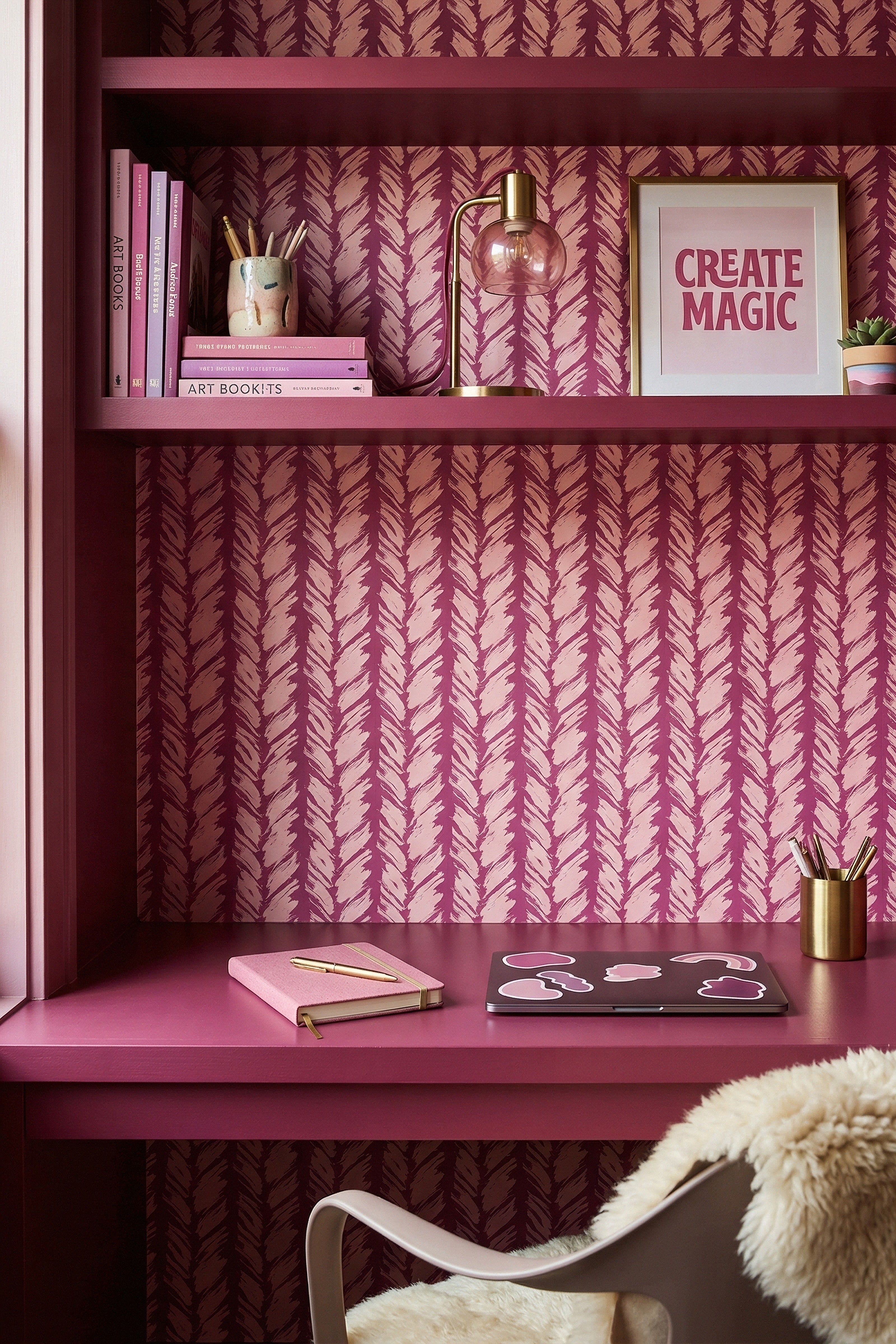 Pink Sketch wallpaper shown in a home office