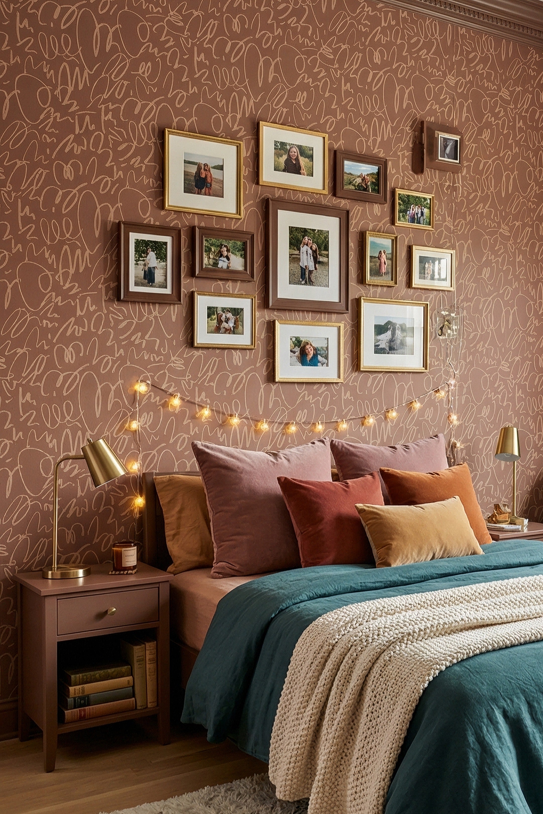 Mocha Doodle wallpaper shown in a bedroom
