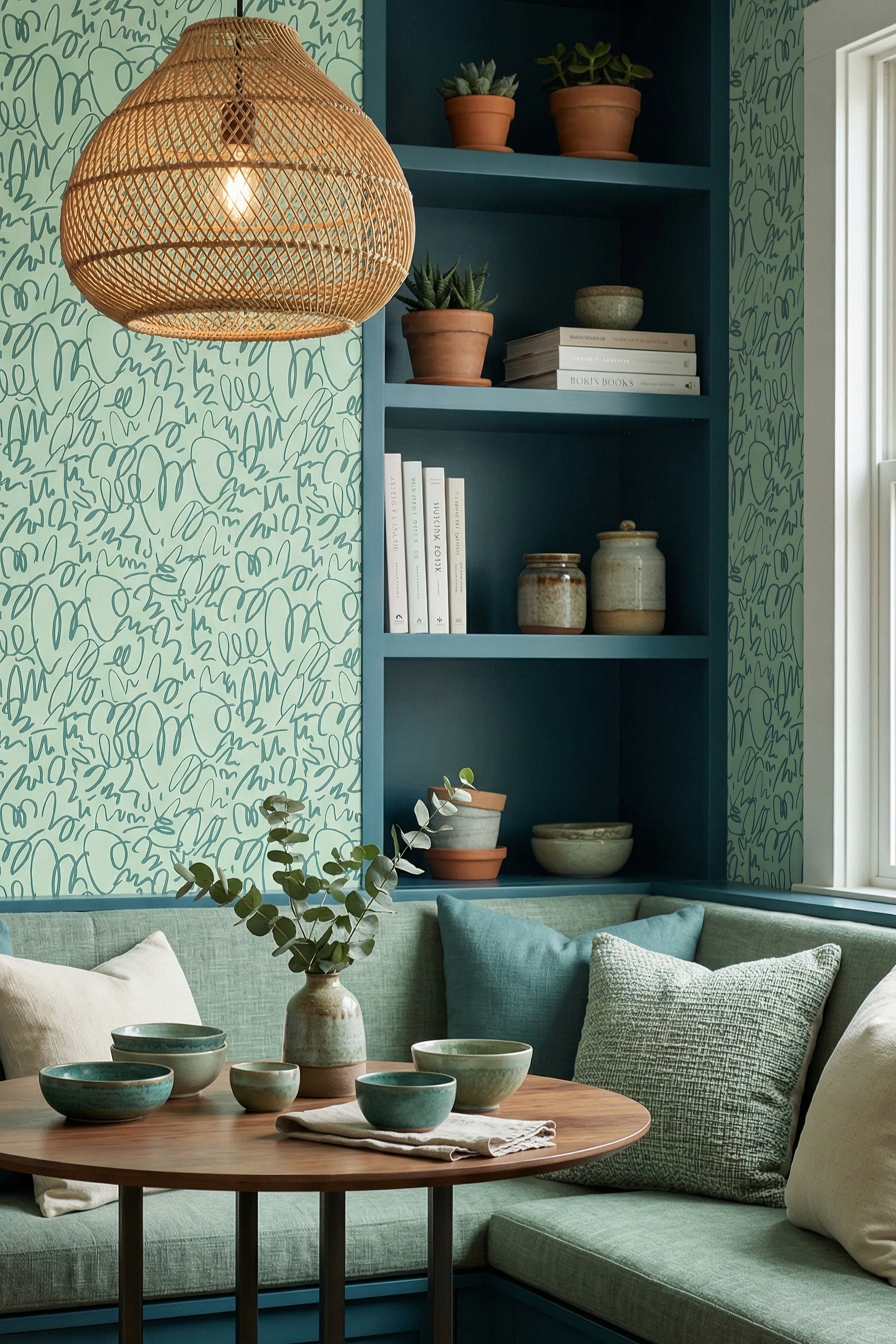 Sage Scribble wallpaper shown in a cozy nook