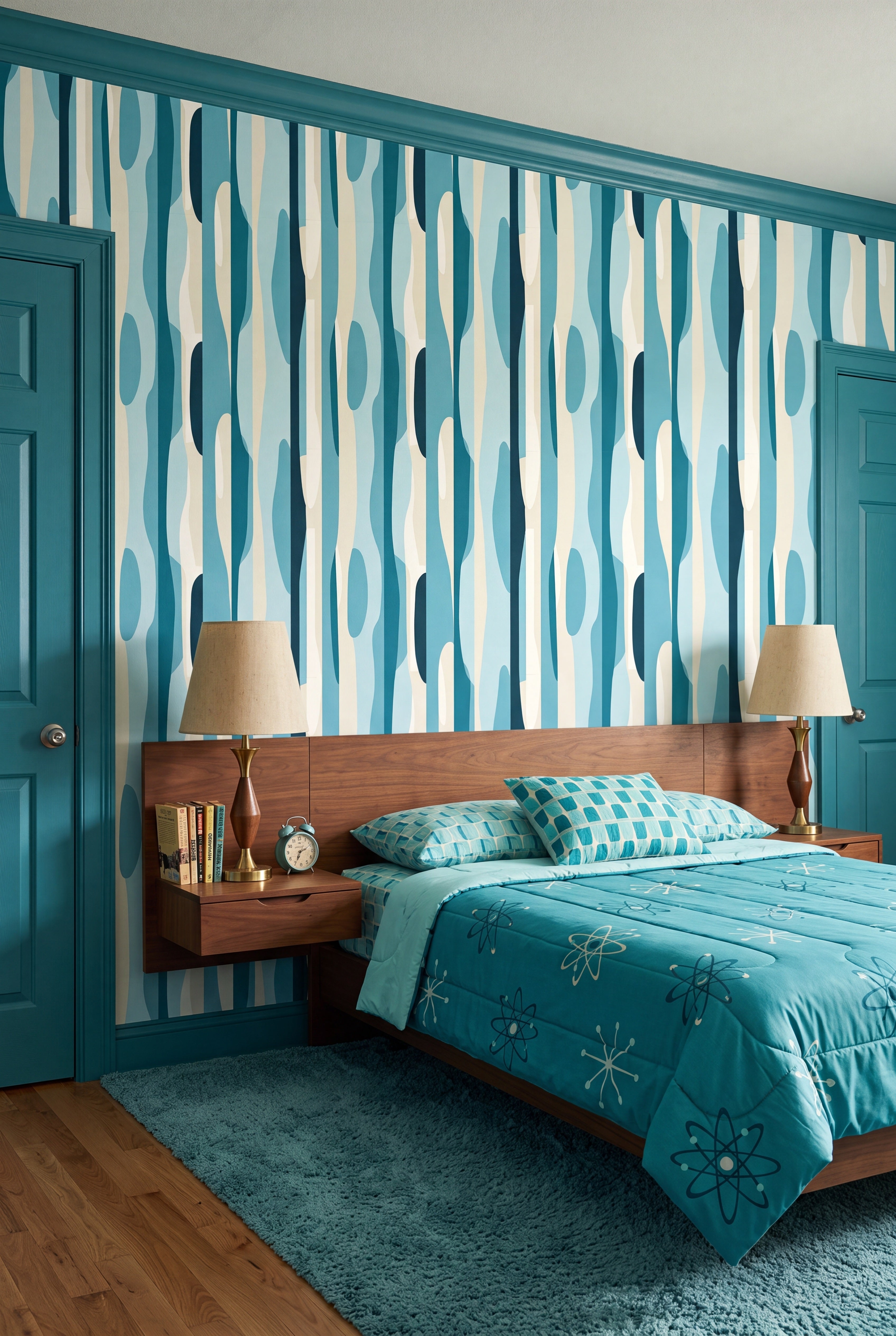 Retro Tide wallpaper shown in a bedroom