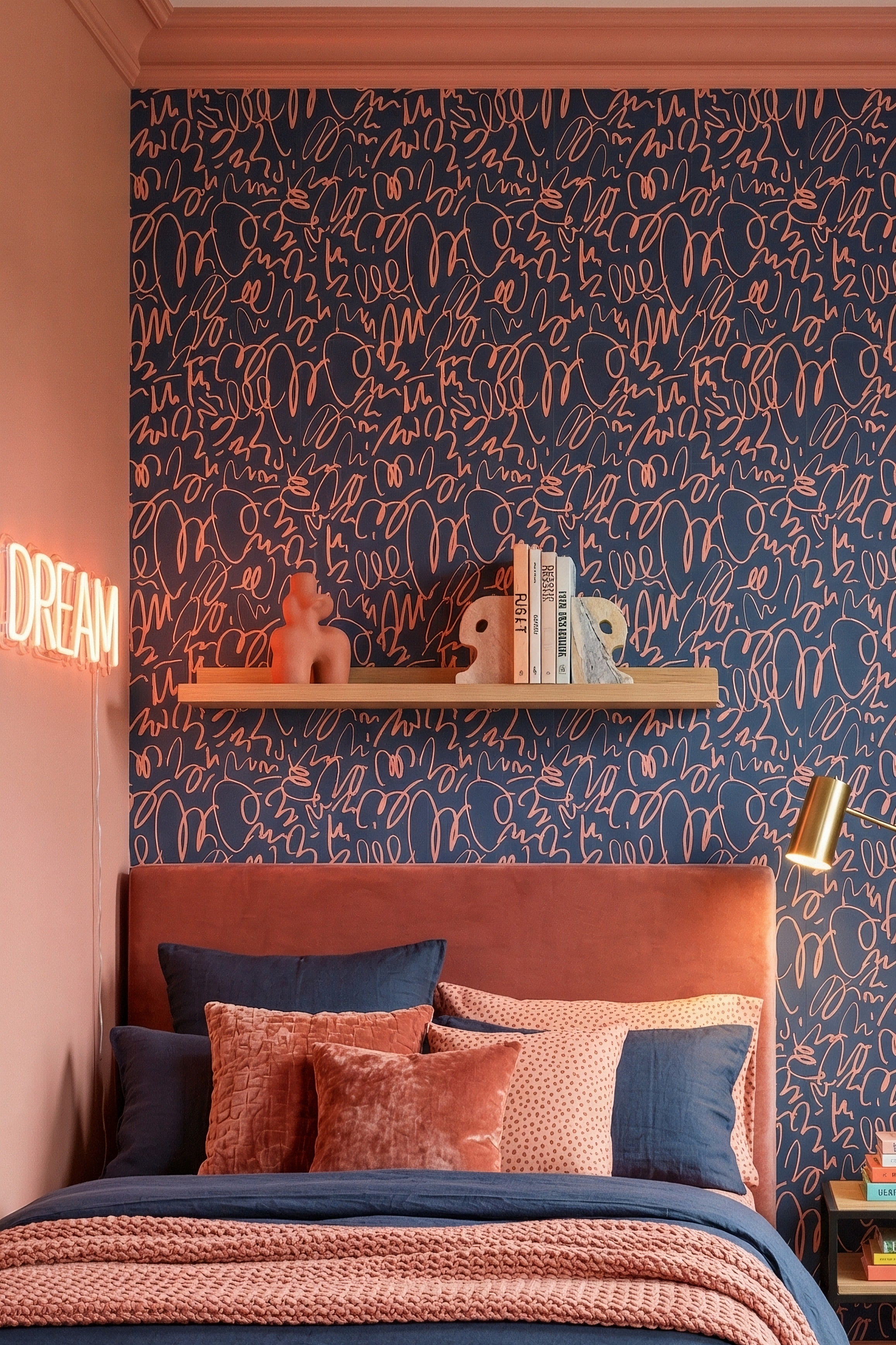 Coral Scribble wallpaper shown in a bedroom