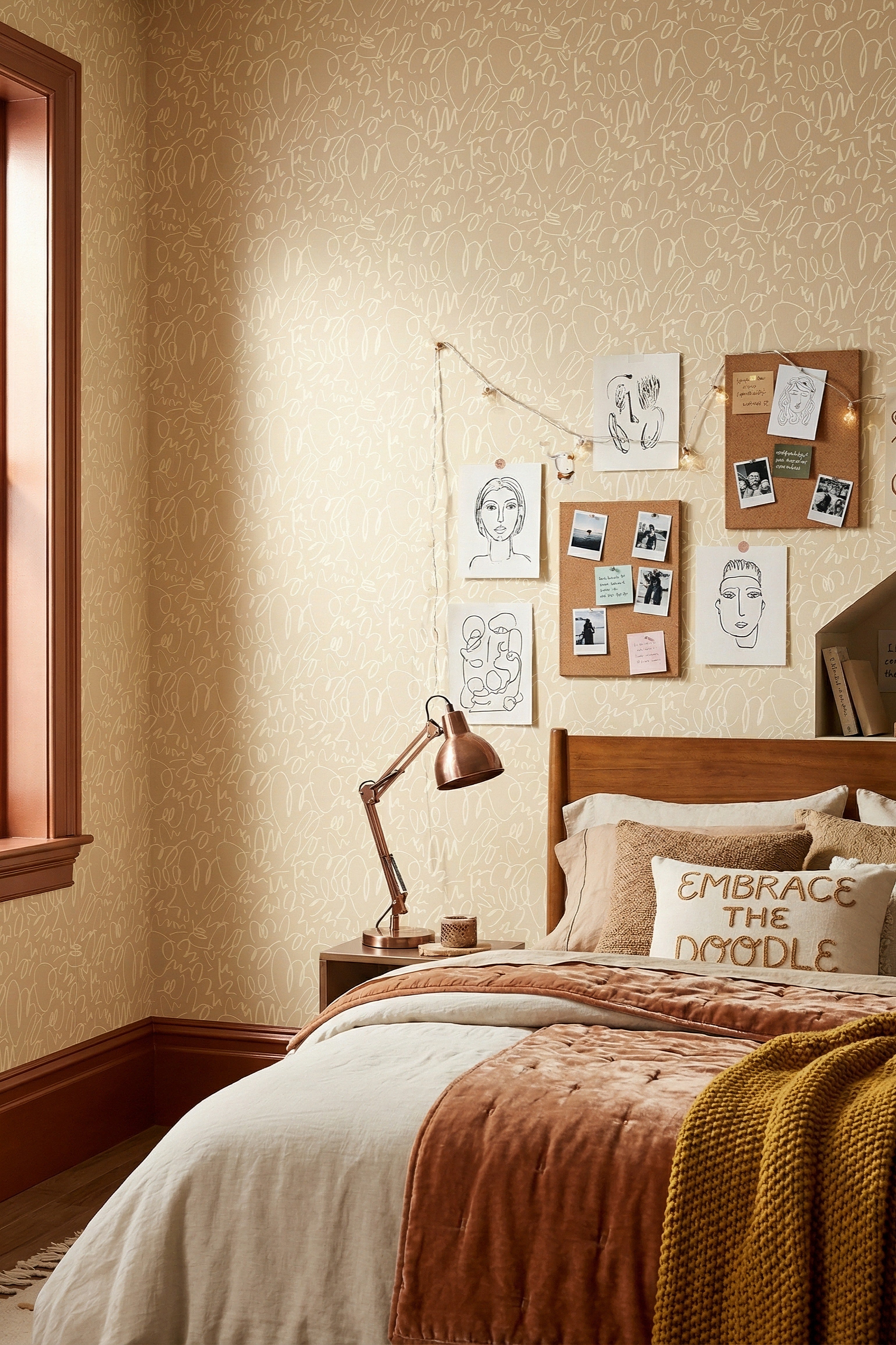 Cream Doodle wallpaper shown in a bedroom