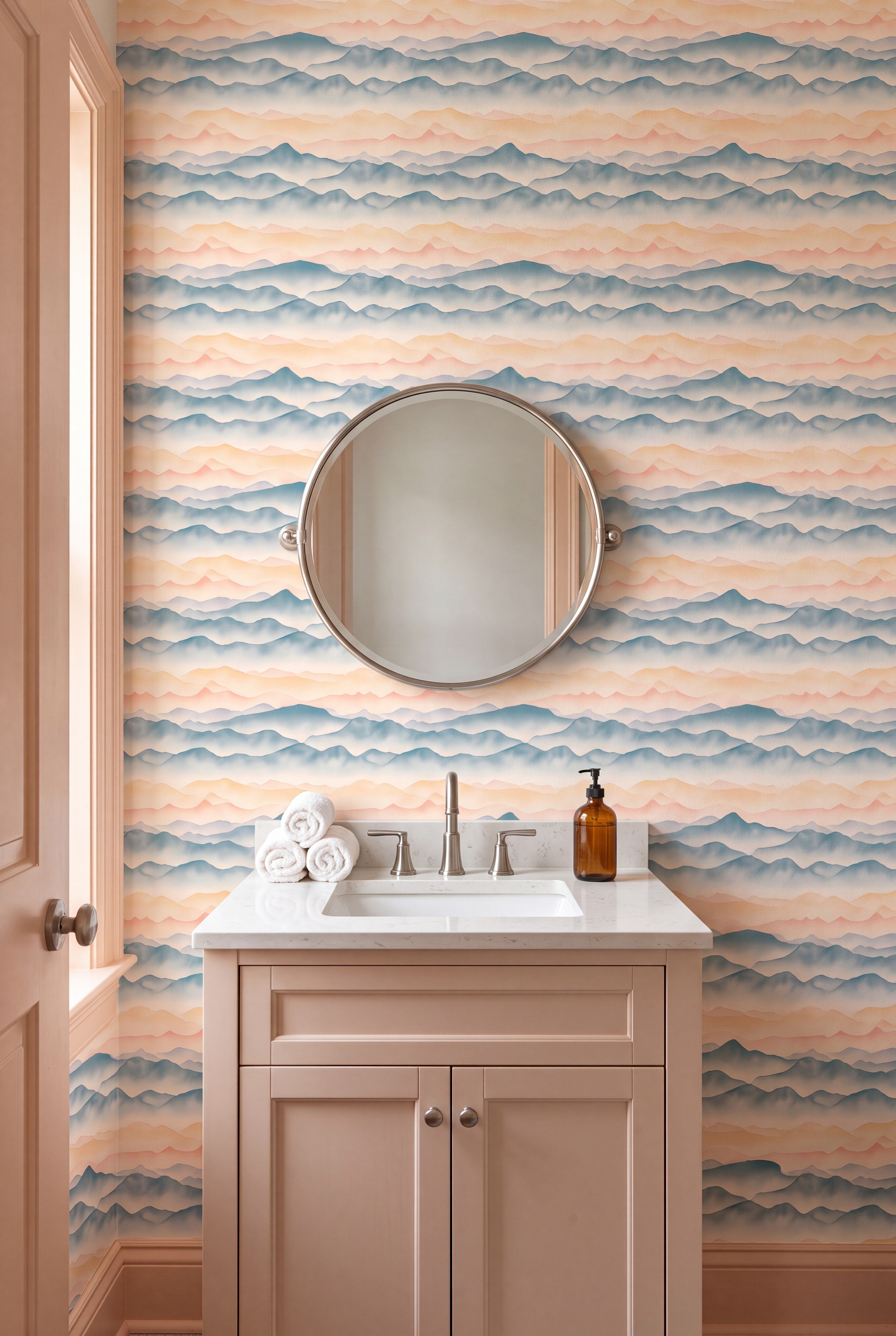 Serene Summit wallpaper shown in a powder room