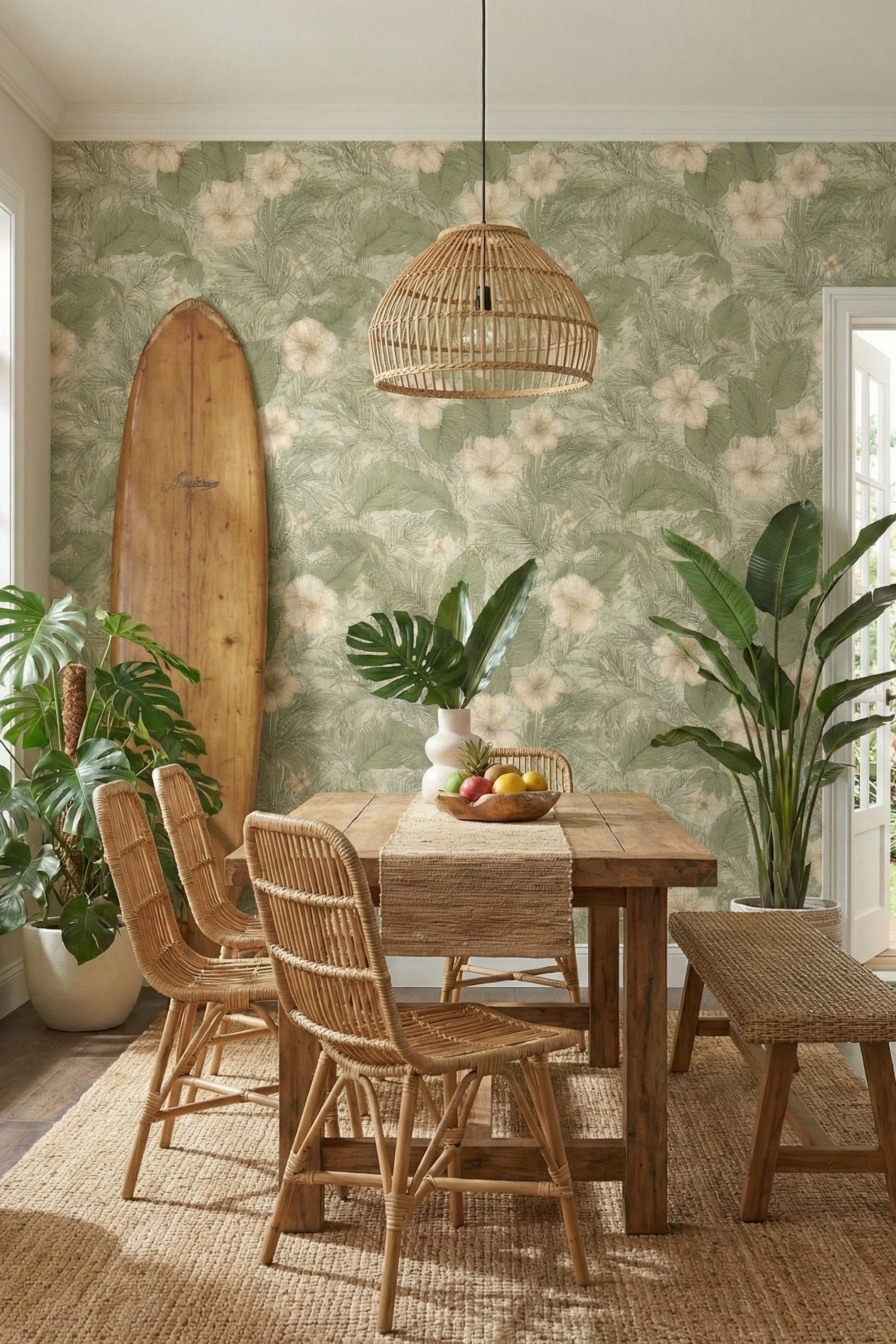 Palm Paradise wallpaper shown in a dining room