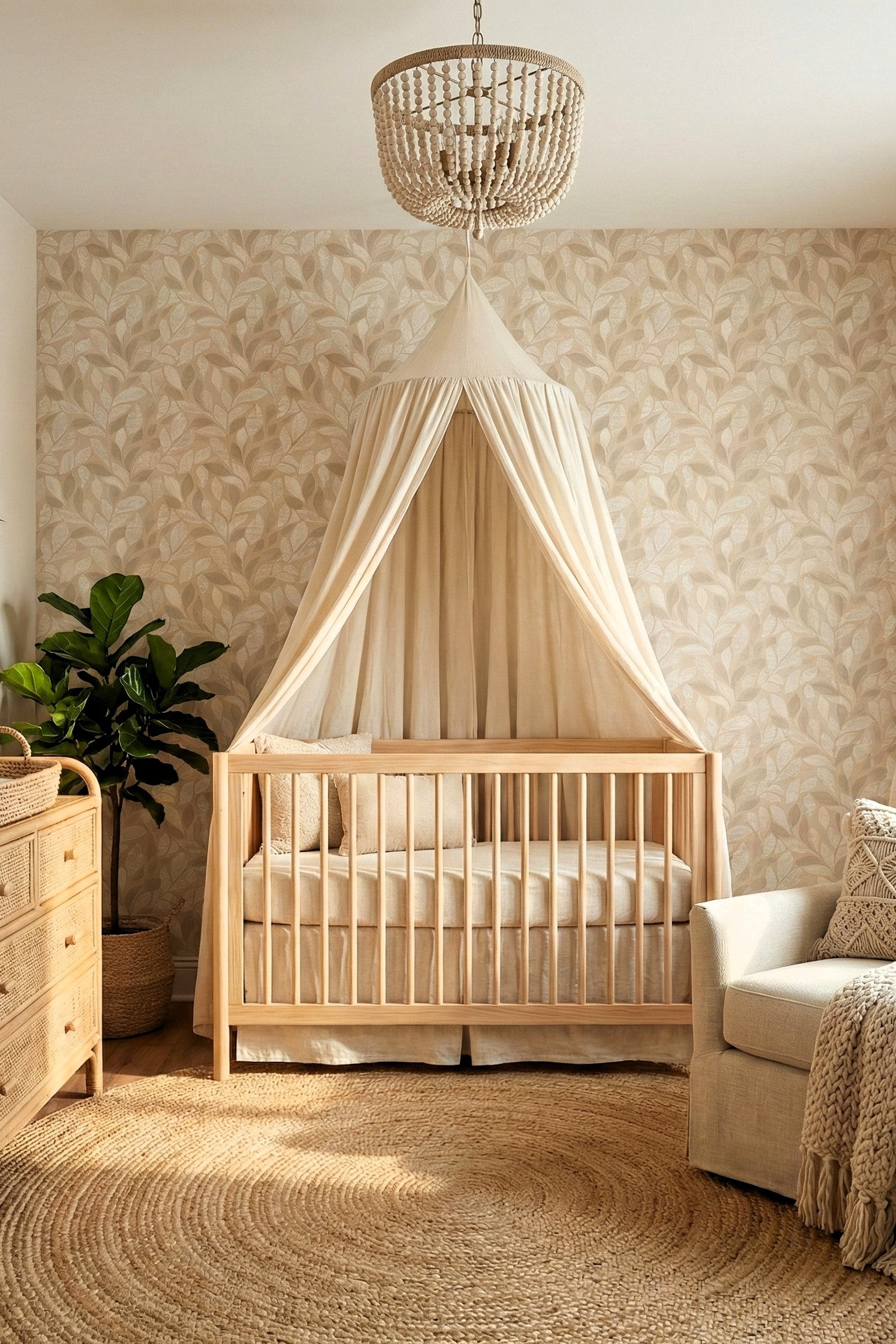 Whisper Leaf wallpaper shown in a nursery