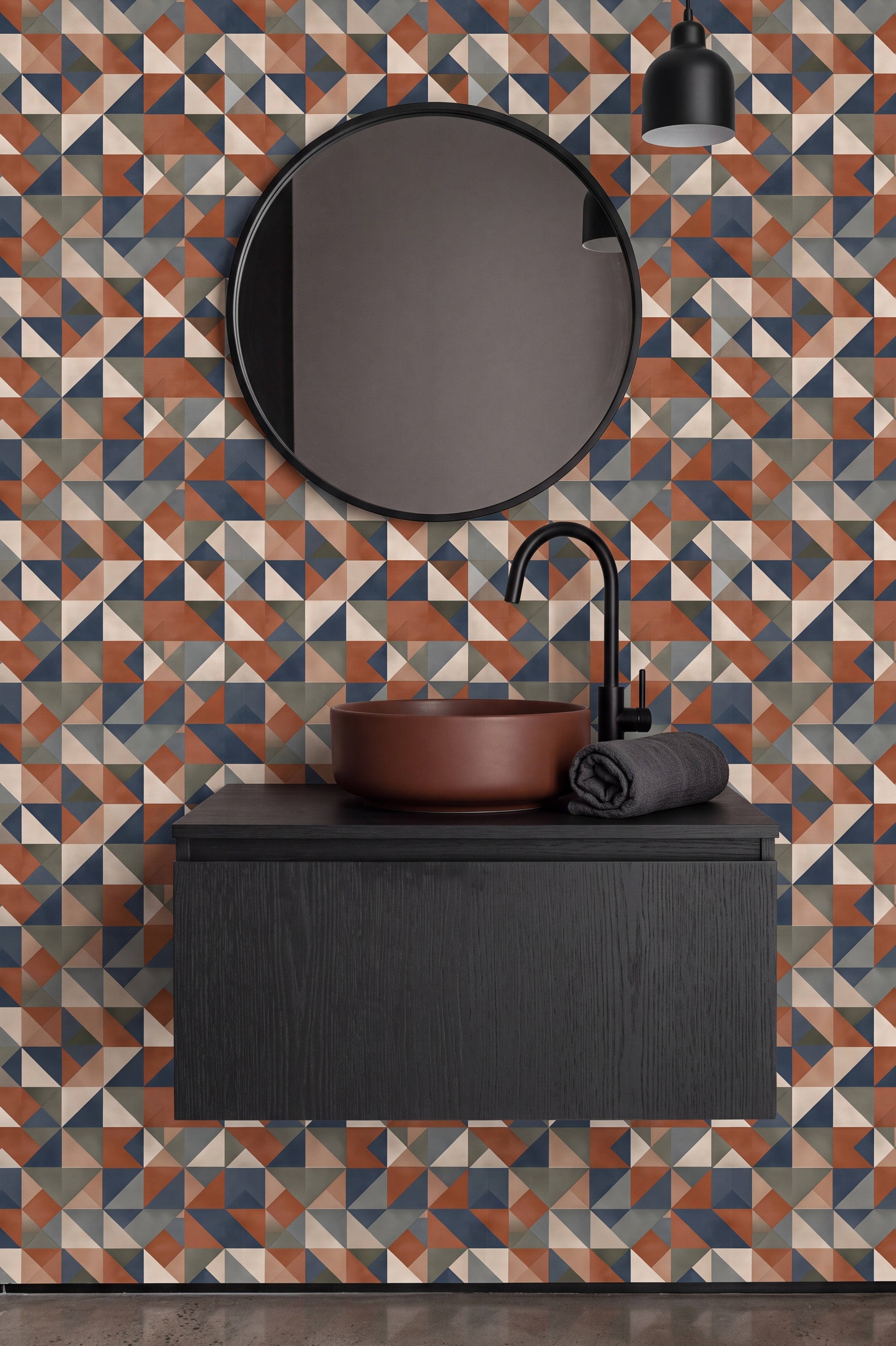 Mid Mod Trio wallpaper shown in a powder room