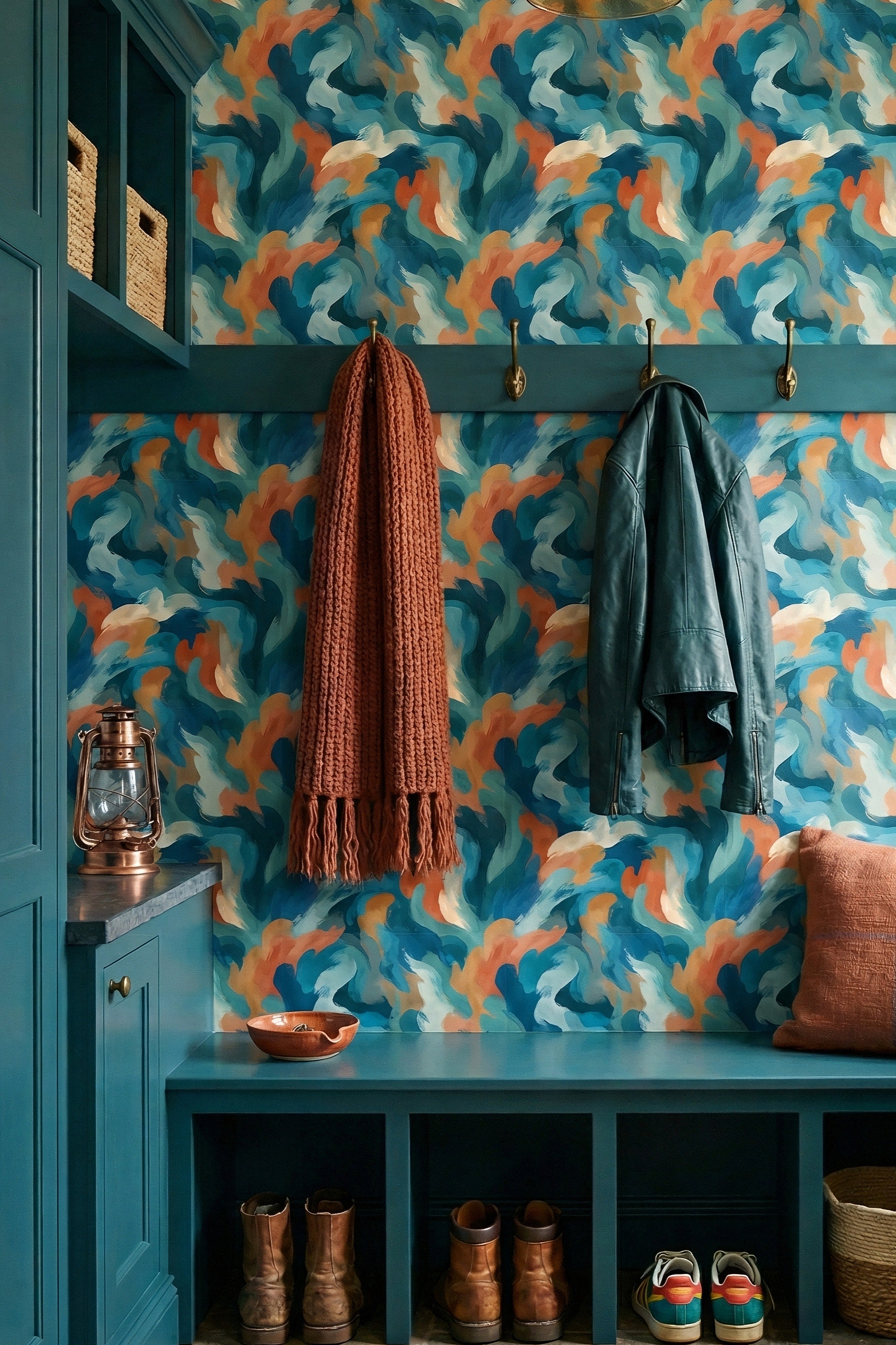 Nouveau Funk wallpaper shown in a mudroom