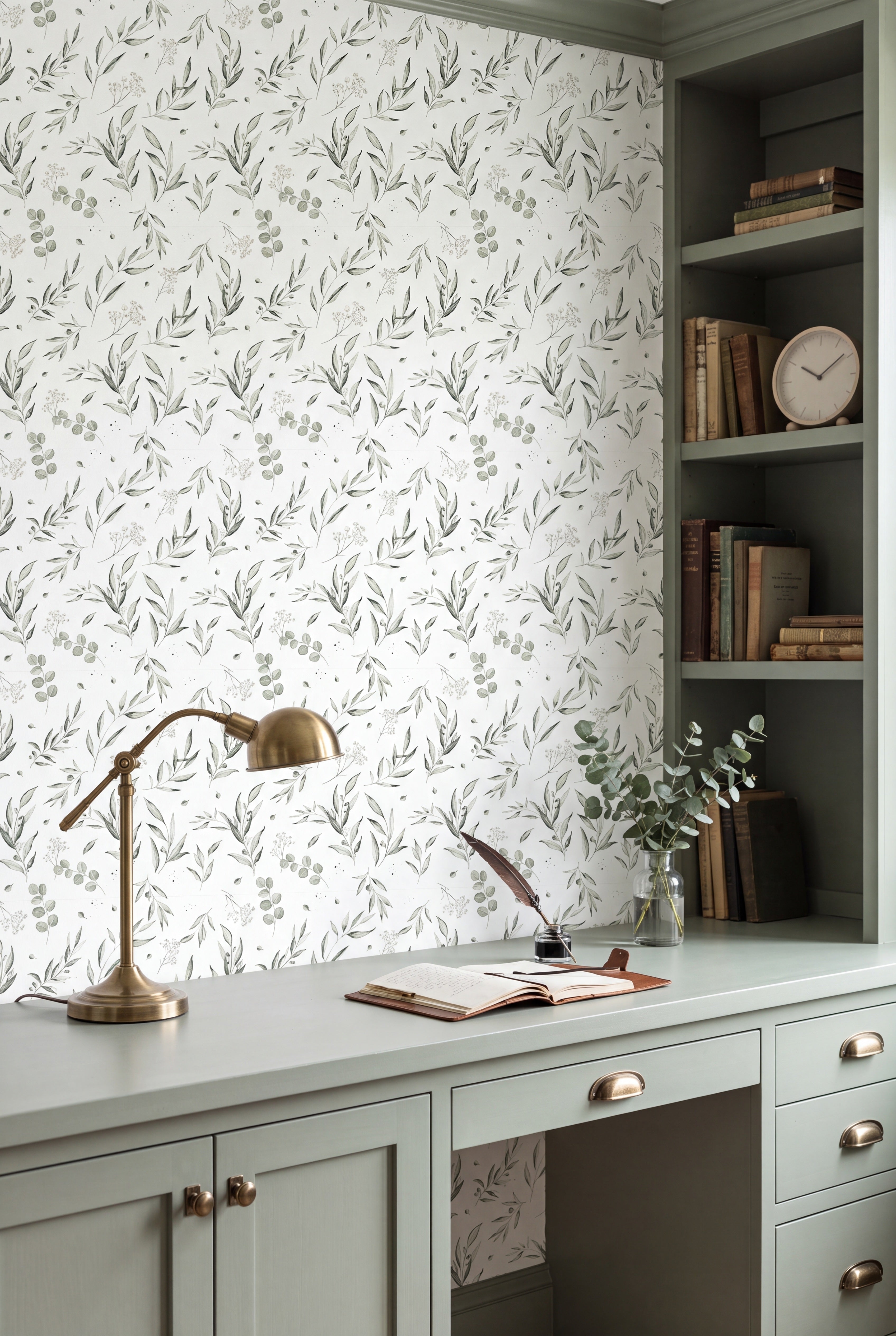 Eucalyptus Grove wallpaper shown in a home office