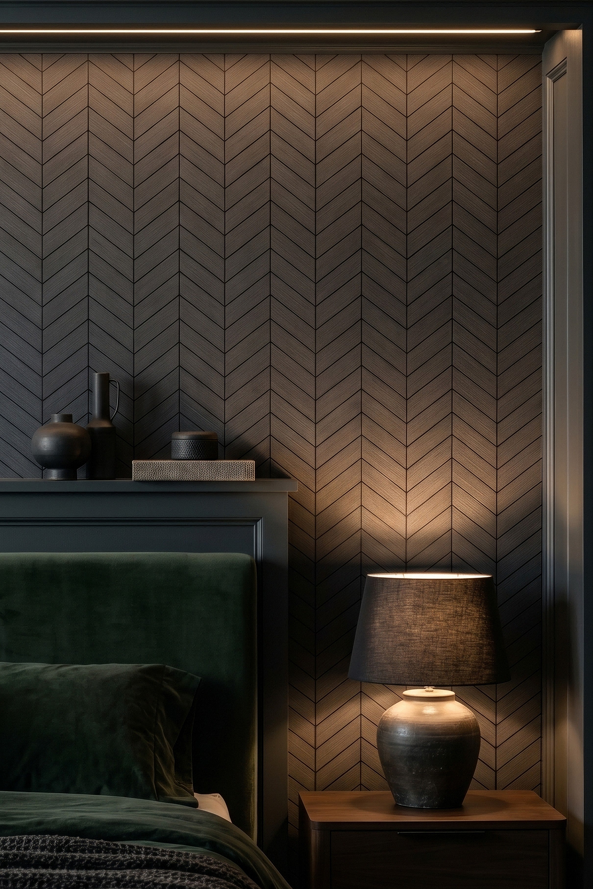 Herringbone Noir wallpaper shown in a bedroom
