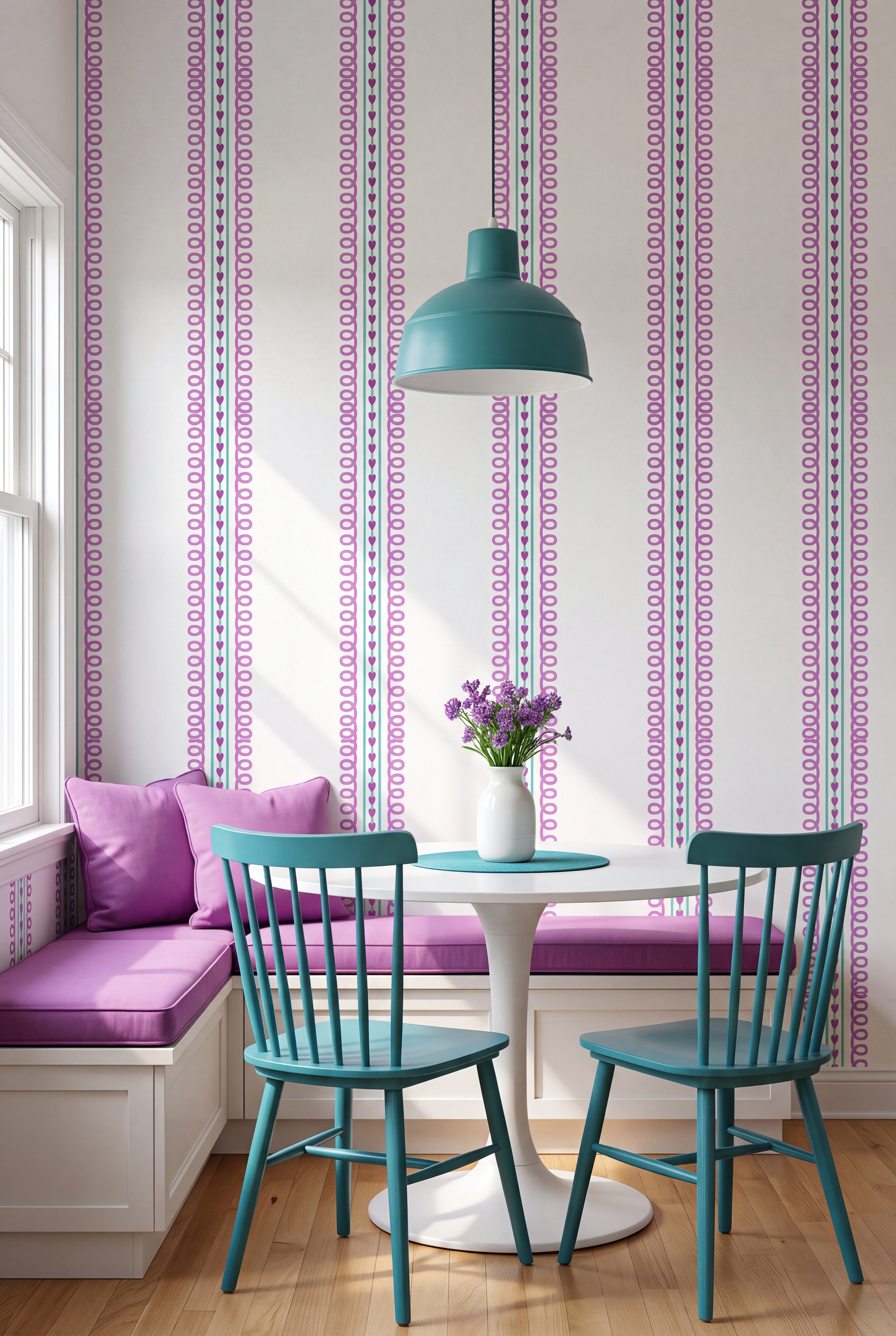 Sweetheart Stripe wallpaper shown in a cozy nook