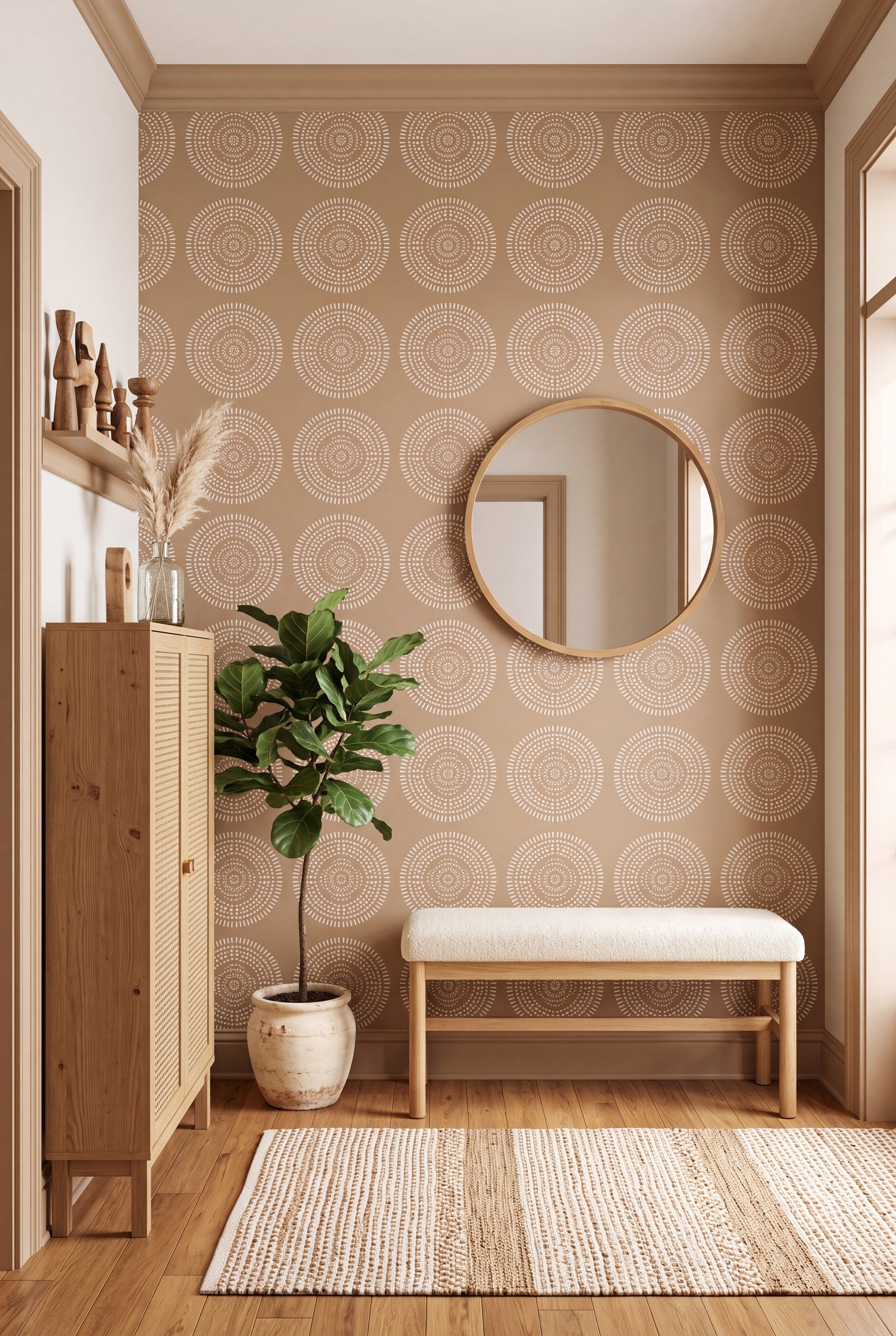 Mocha Mandala wallpaper shown in an entryway