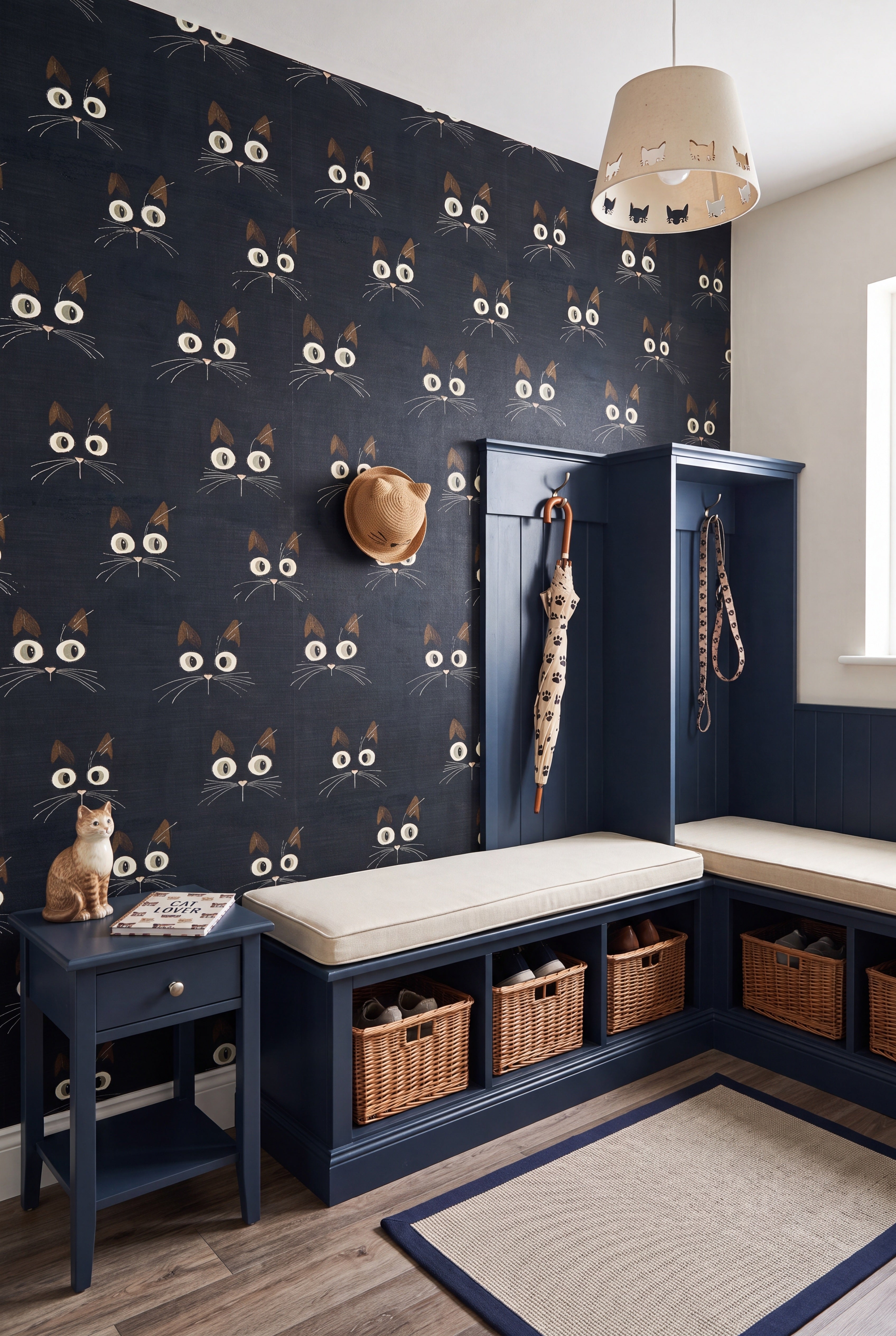Alley Cats wallpaper shown in a mudroom