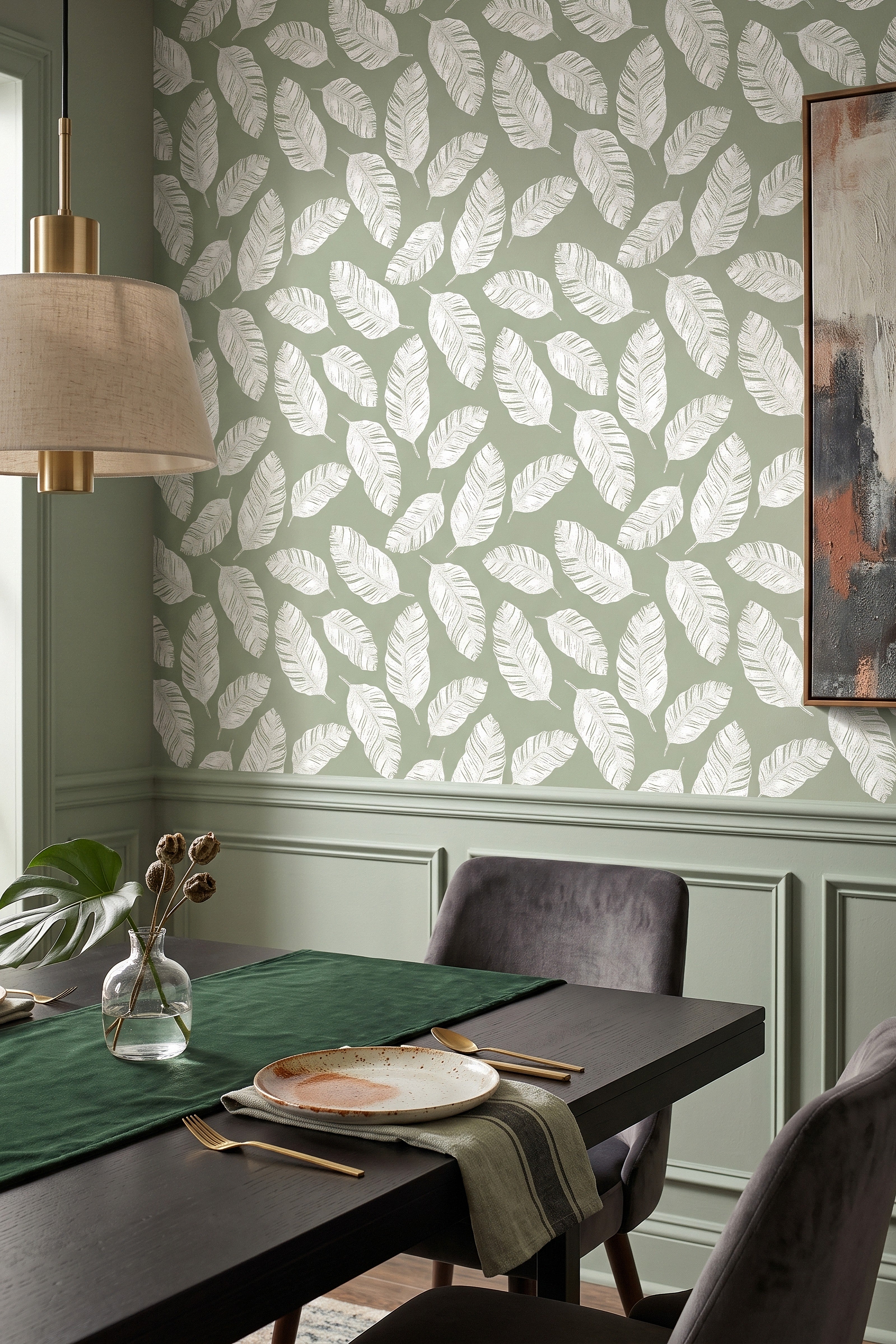 Cabana Sage wallpaper shown in a dining room