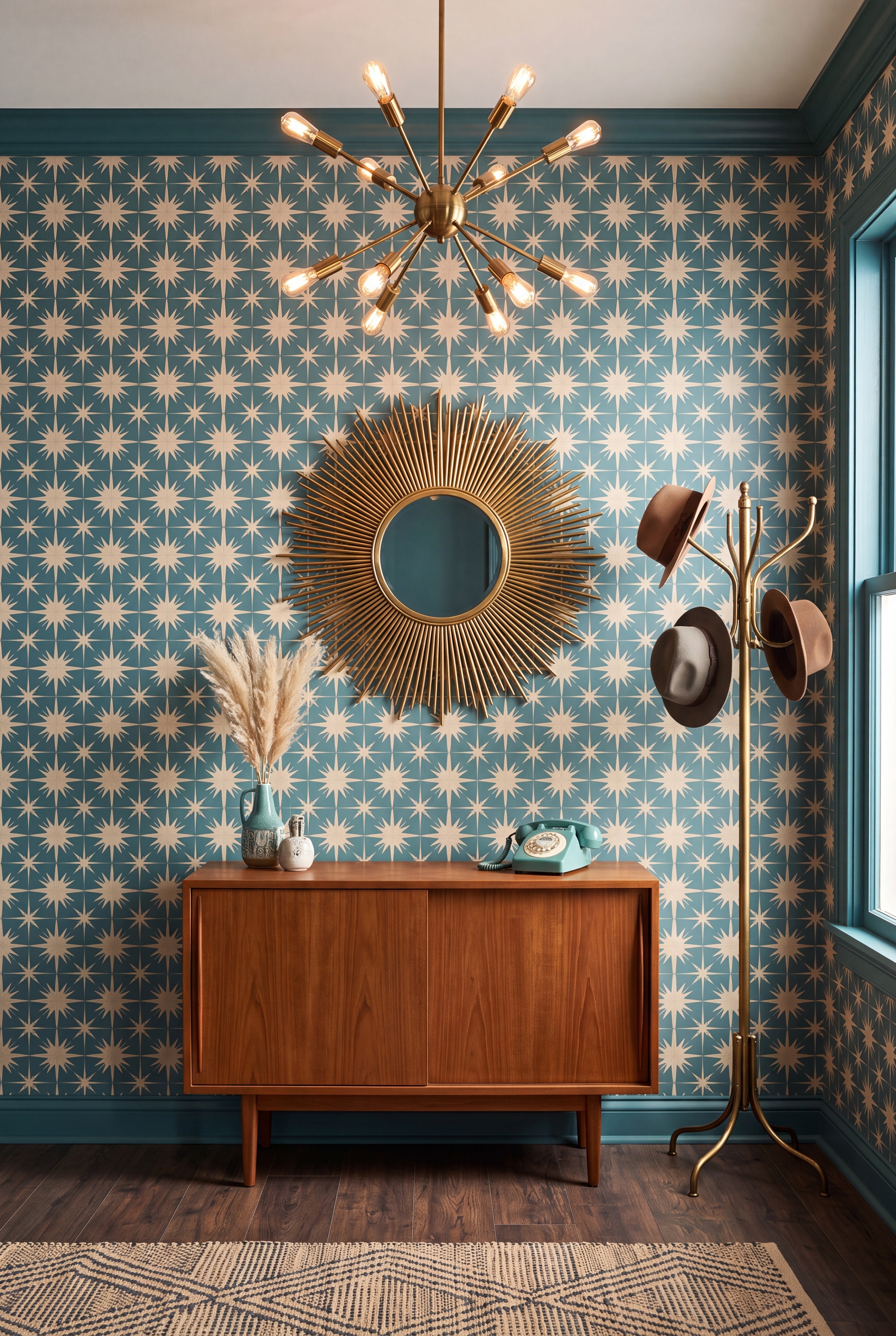 Starburst Teal wallpaper shown in an entryway