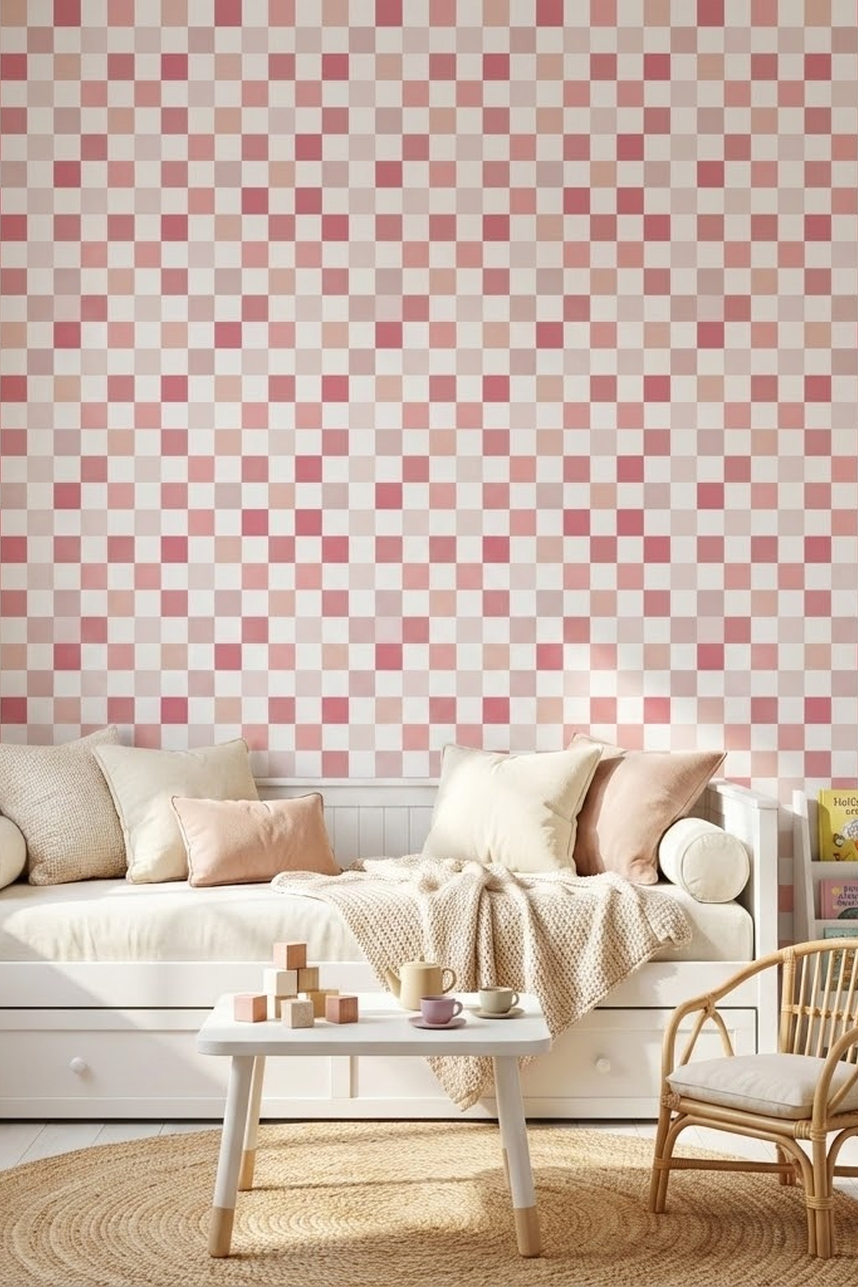 Blush Gingham wallpaper shown in a playroom