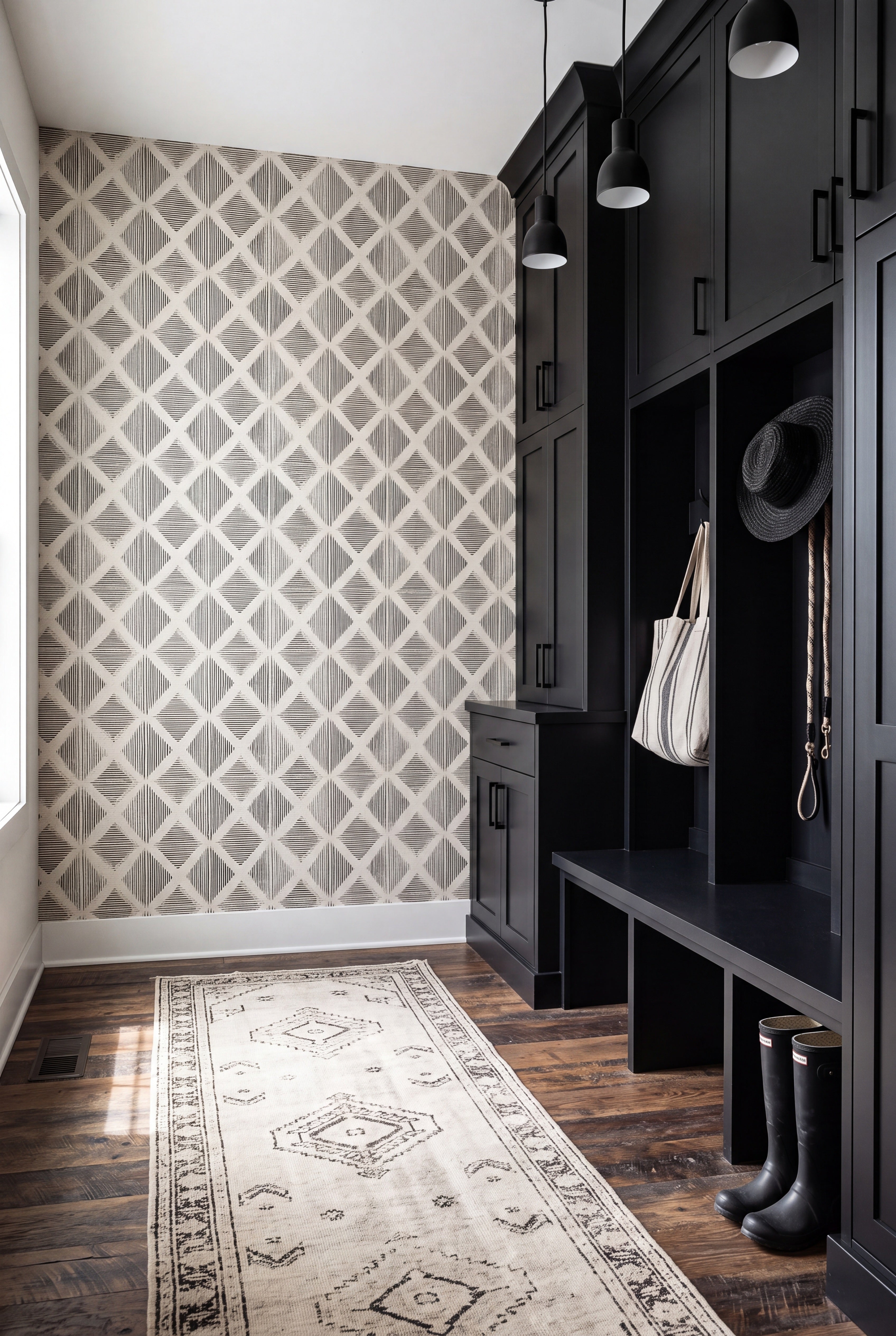 Frontier wallpaper shown in a mudroom