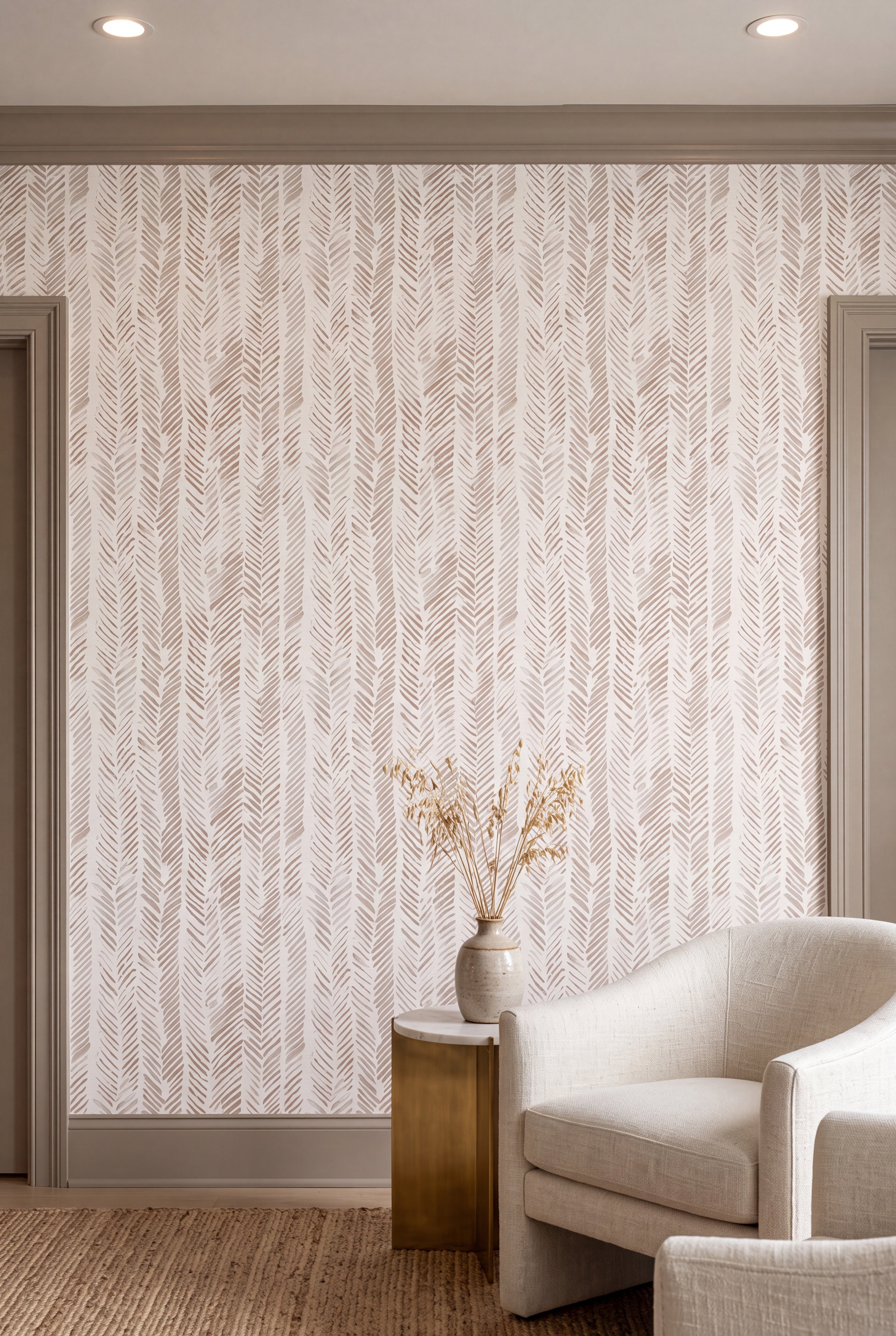 Boho Herringbone wallpaper shown in a living room