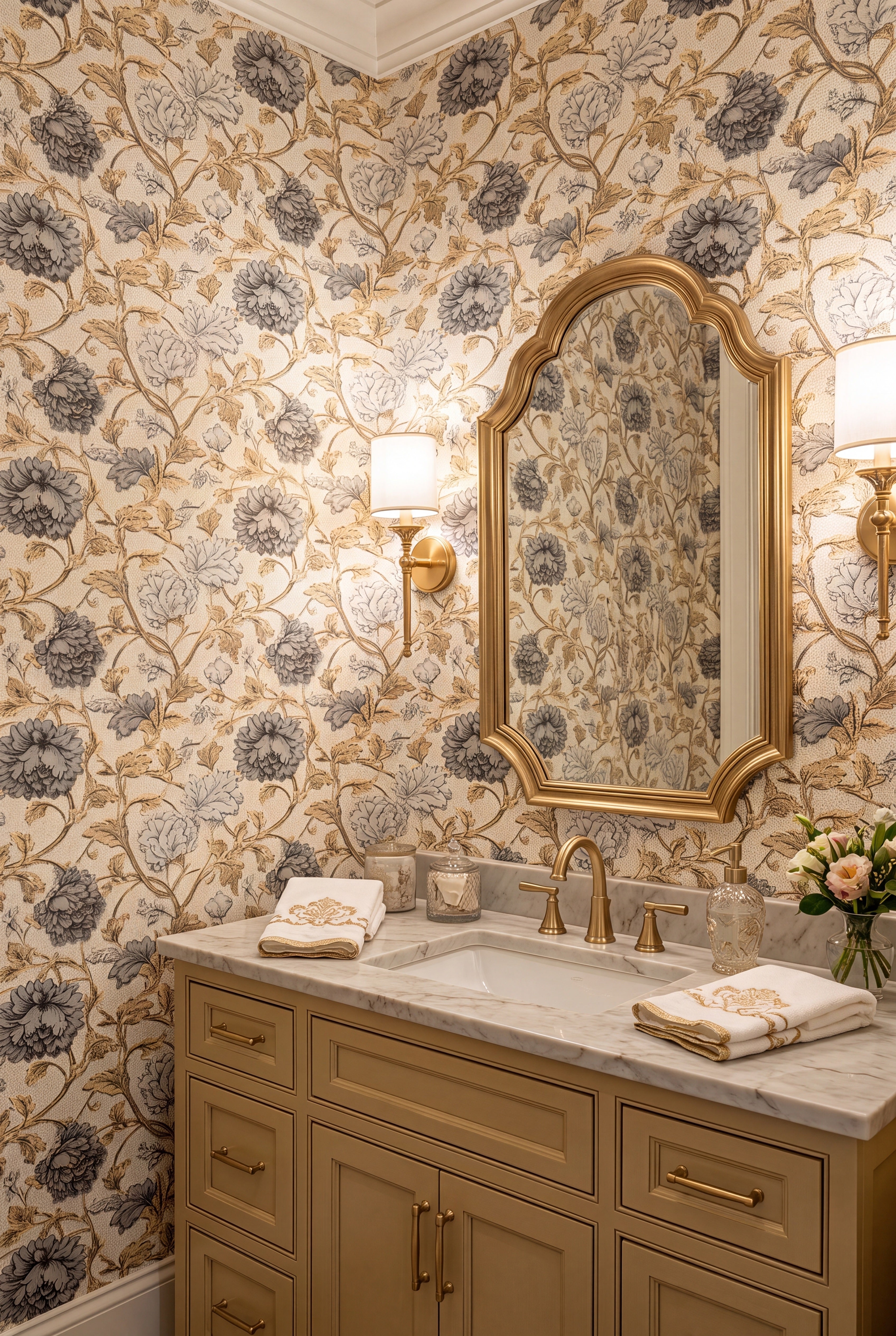 Heritage Vine wallpaper shown in a powder room