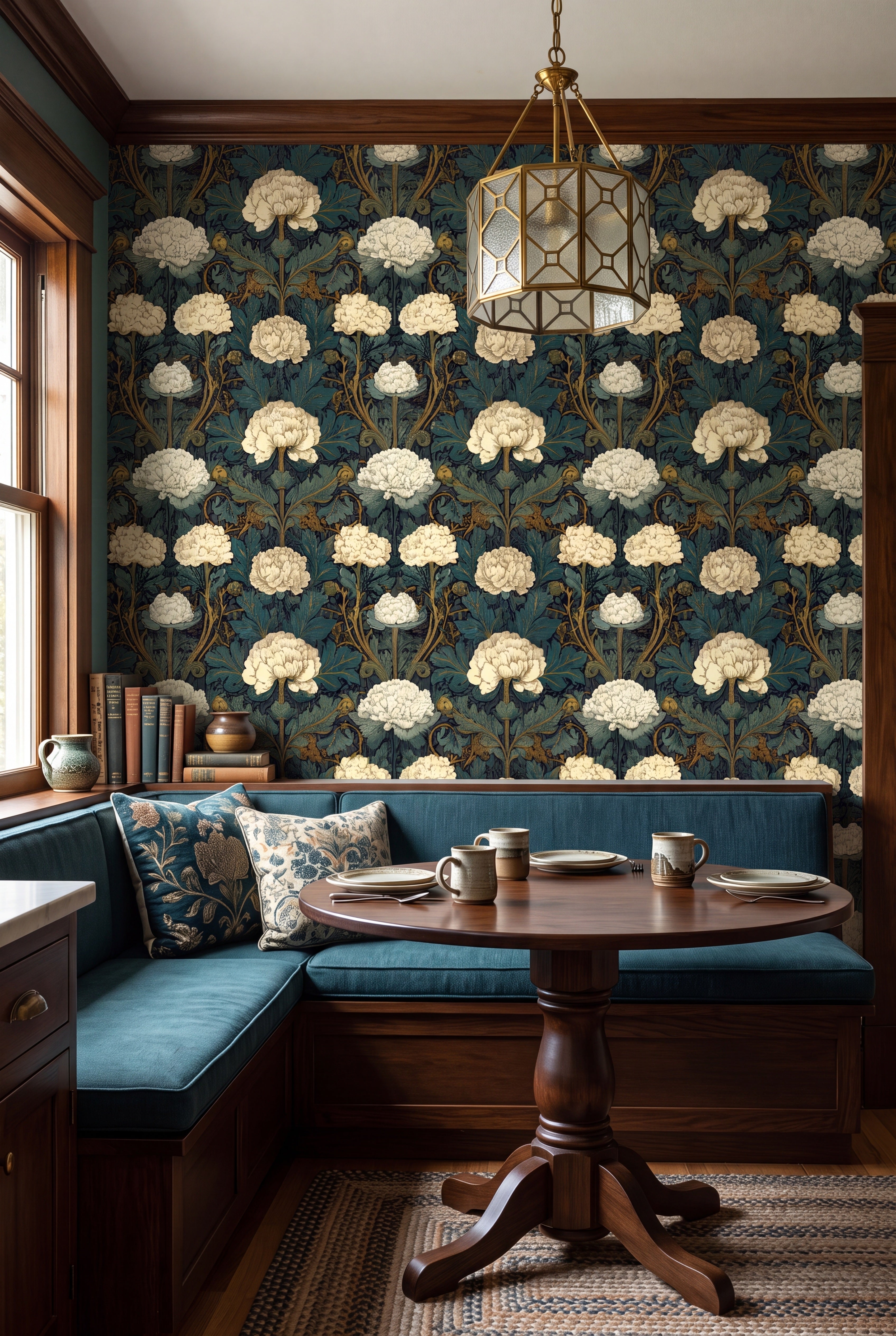 Nouveau Garden wallpaper shown in a cozy nook