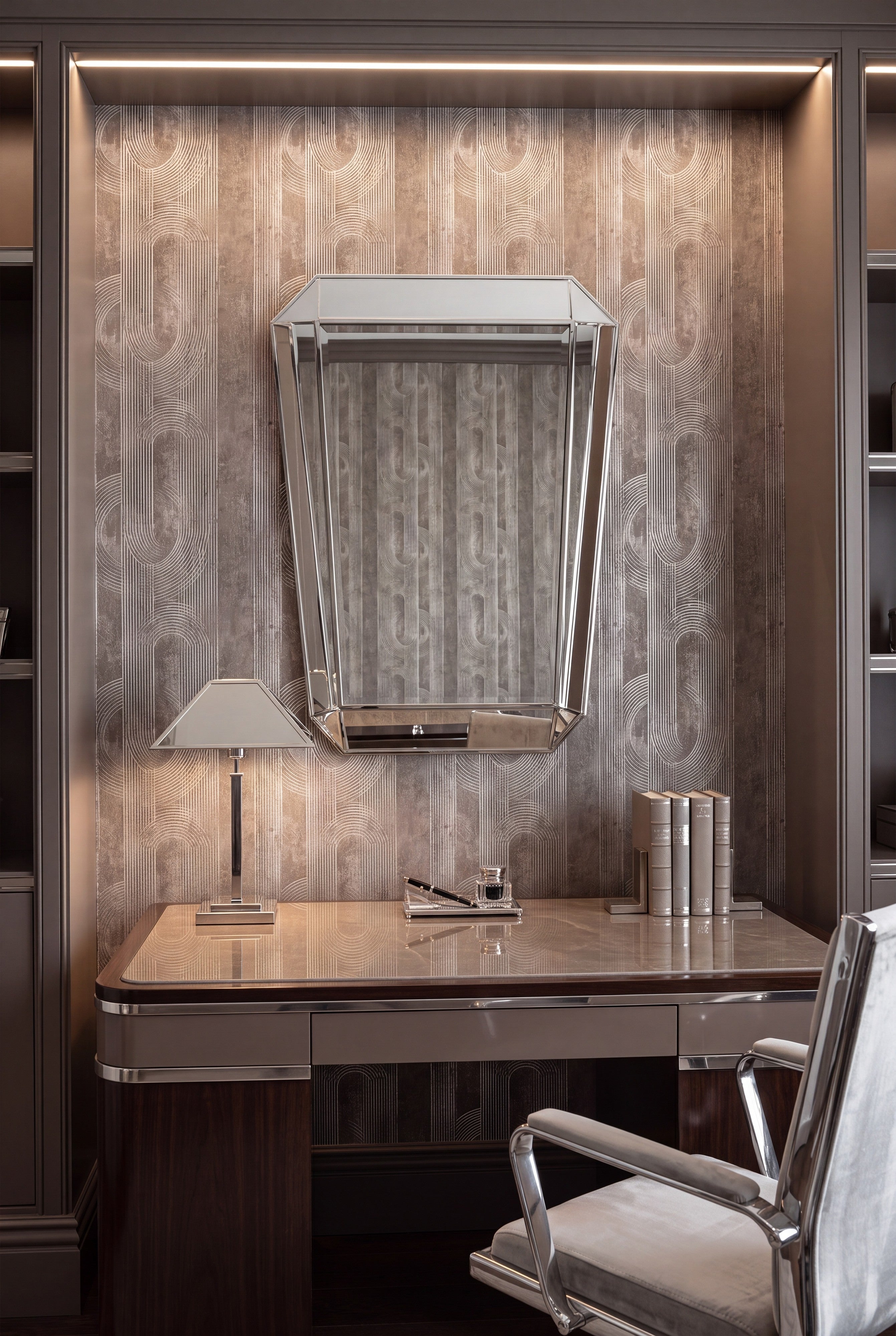 Archway wallpaper shown in a home office