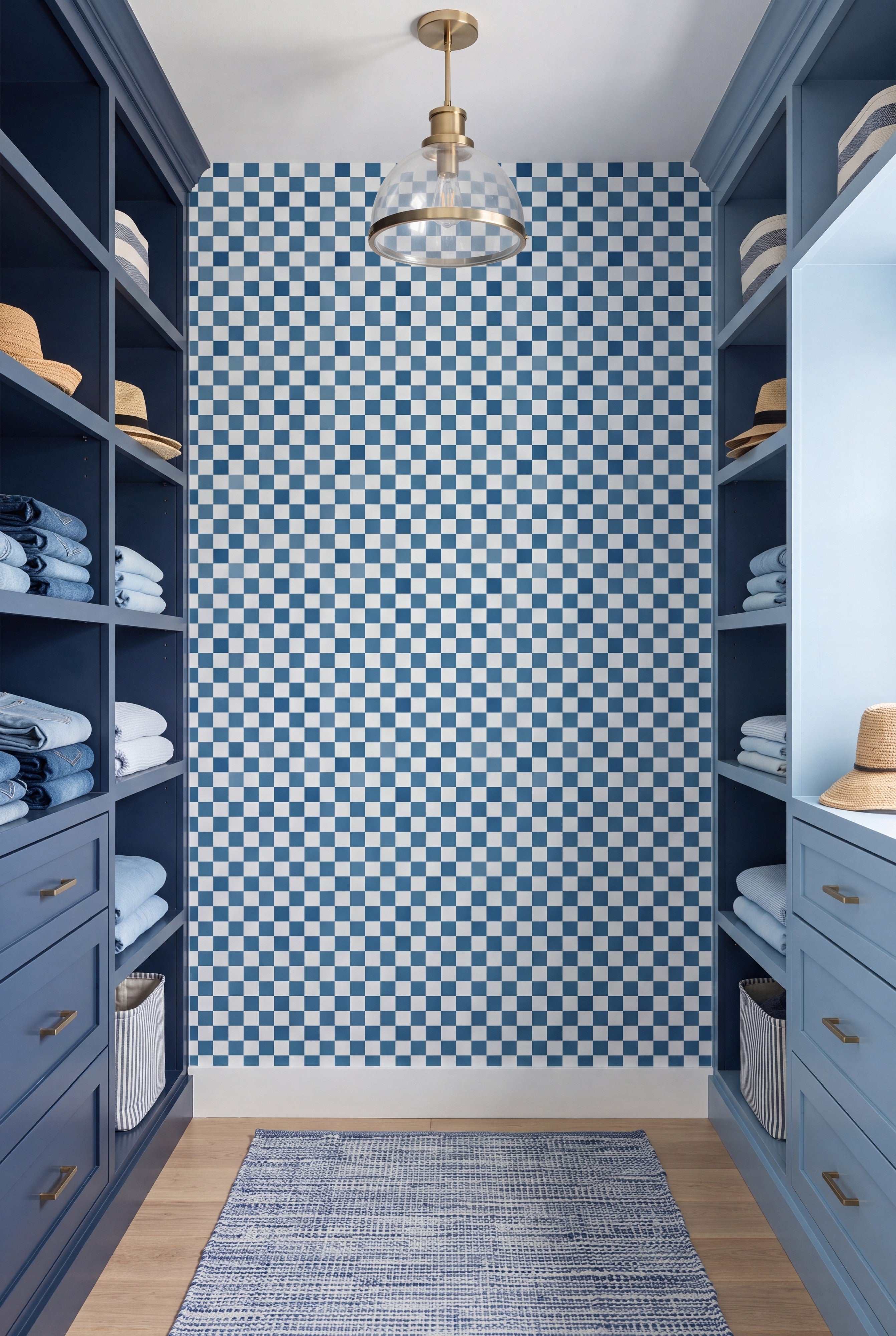 Blueberry Check wallpaper shown in a walk-in closet