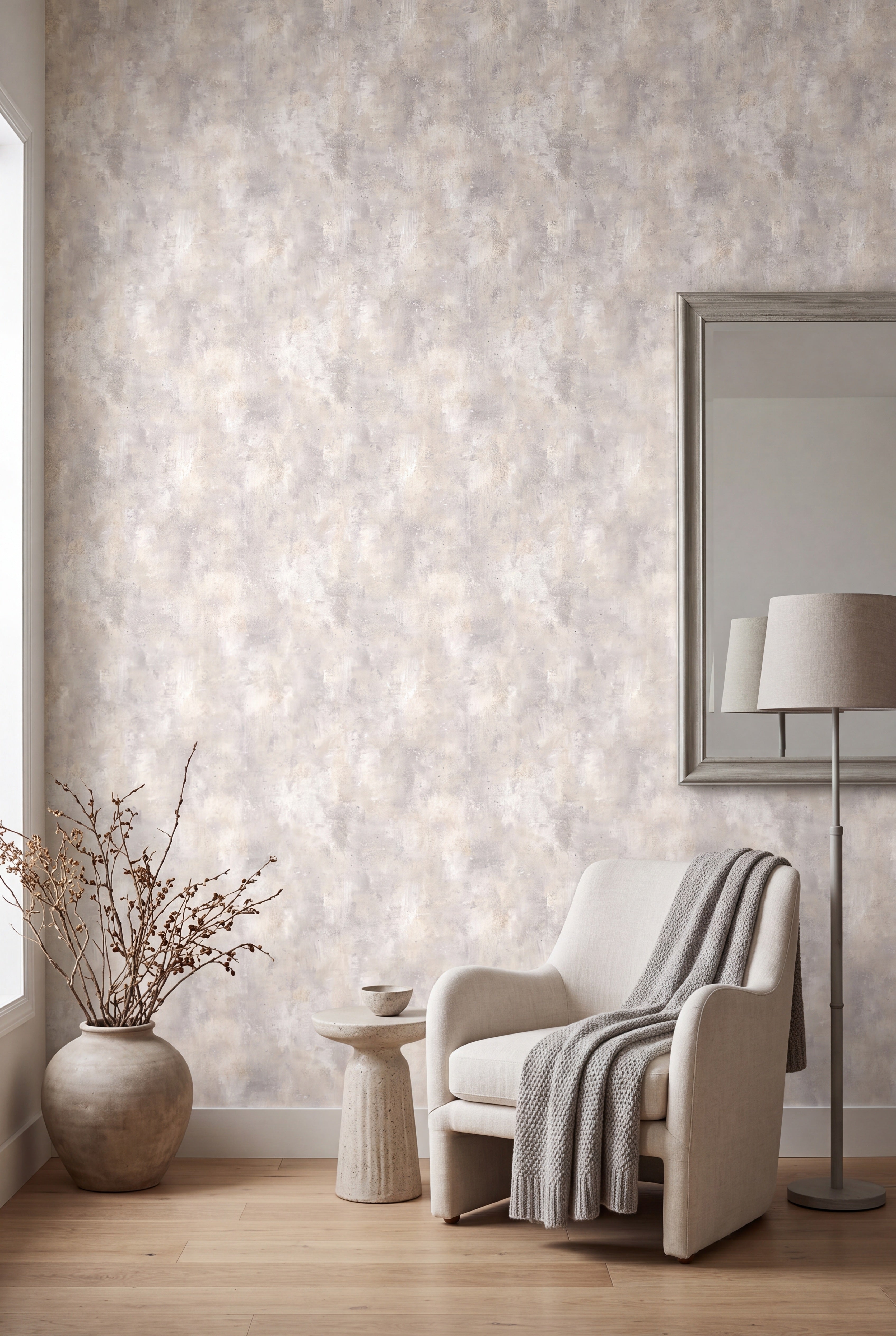 Putty Wash wallpaper shown in a living room