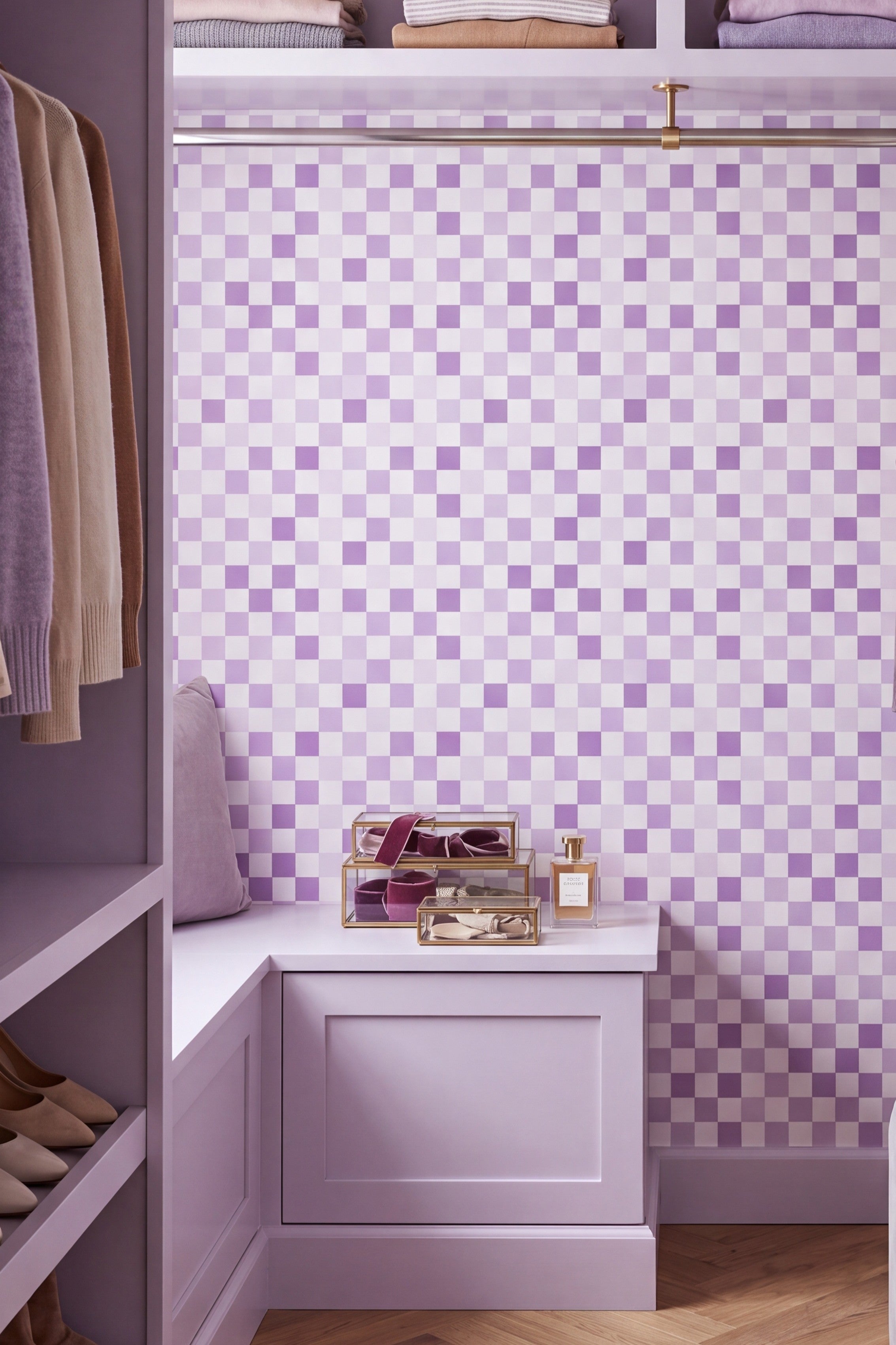 Lilac Check wallpaper shown in a closet