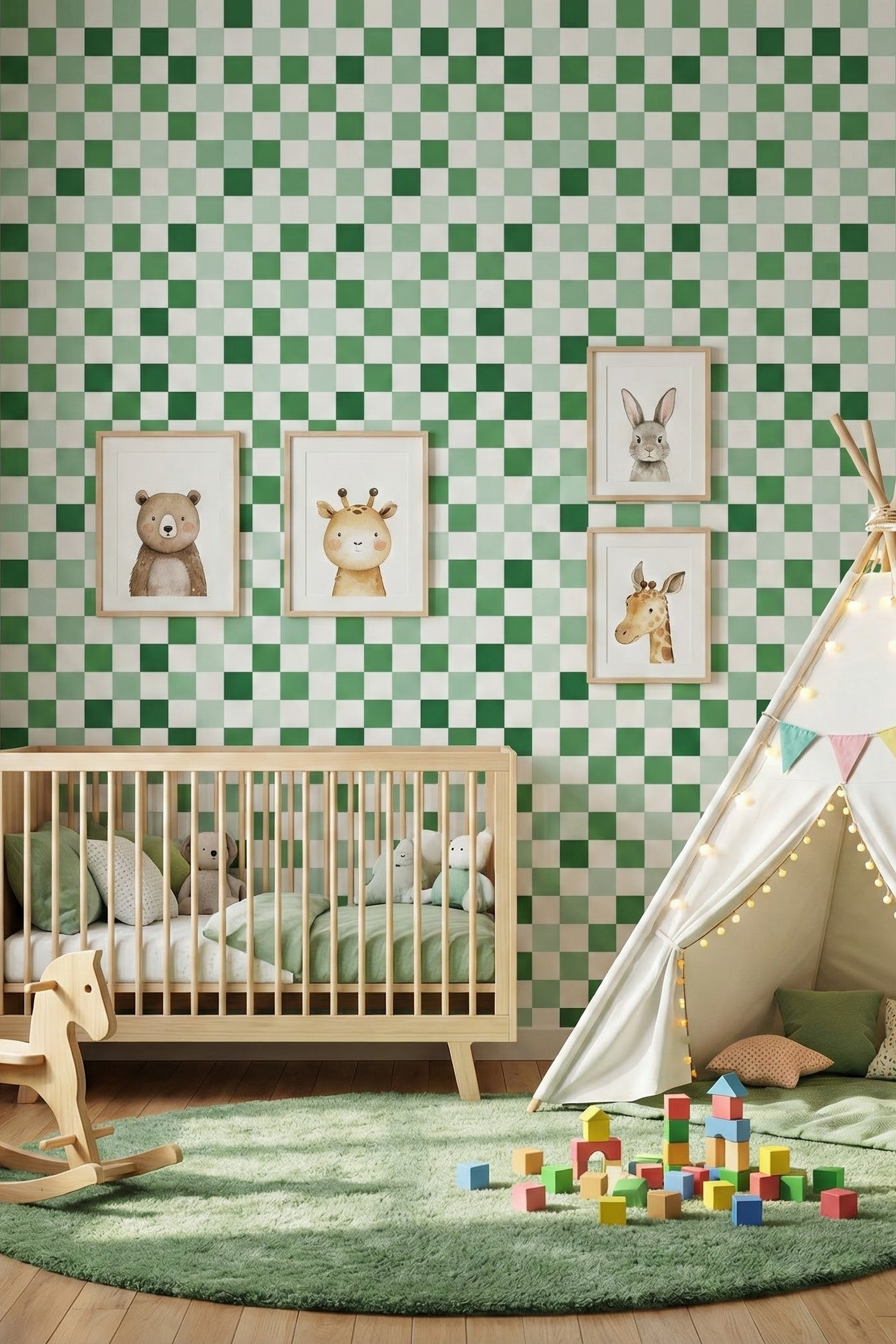 Sage Check wallpaper shown in a nursery