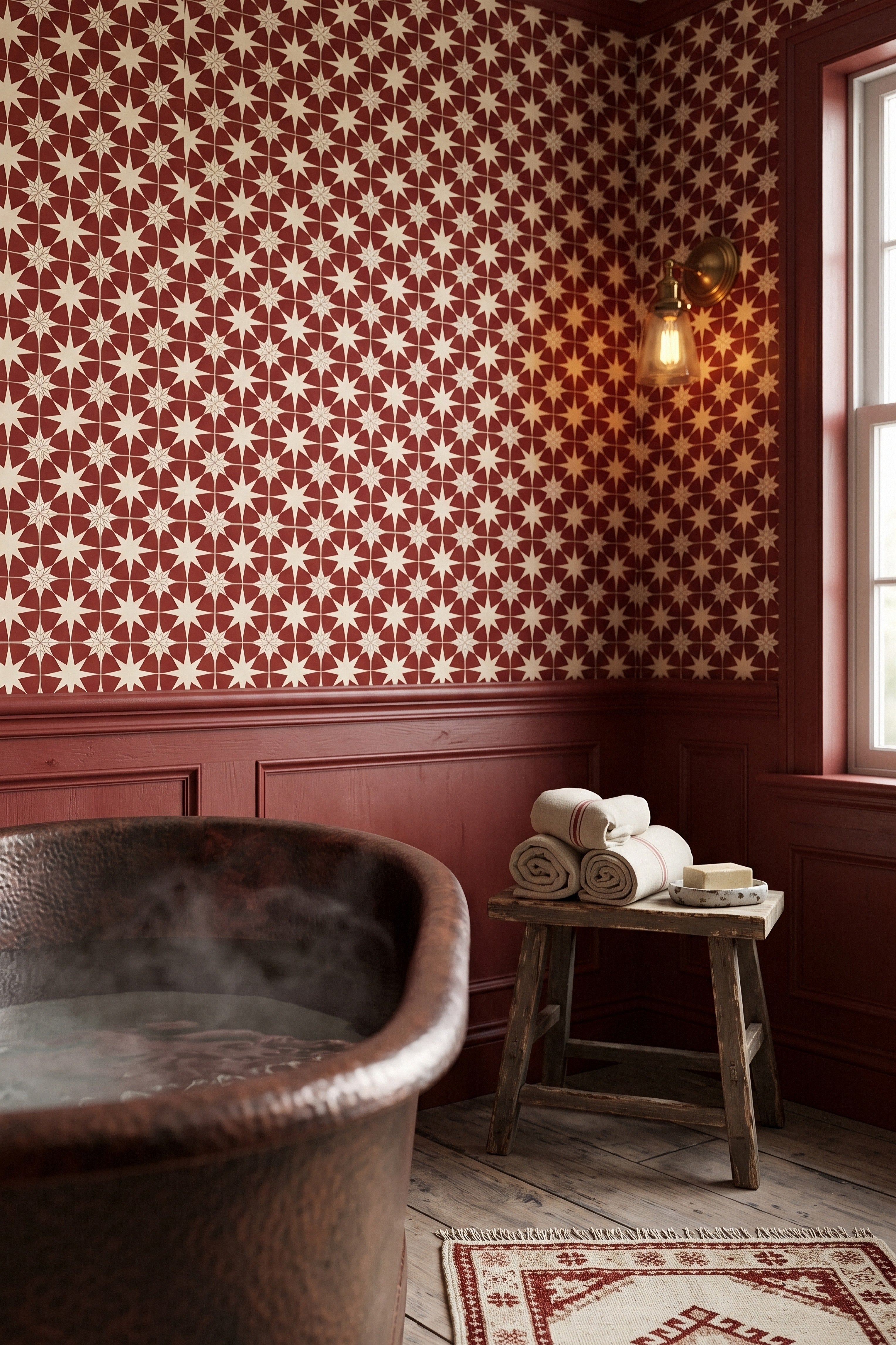 Kasbah Star wallpaper shown in a bathroom