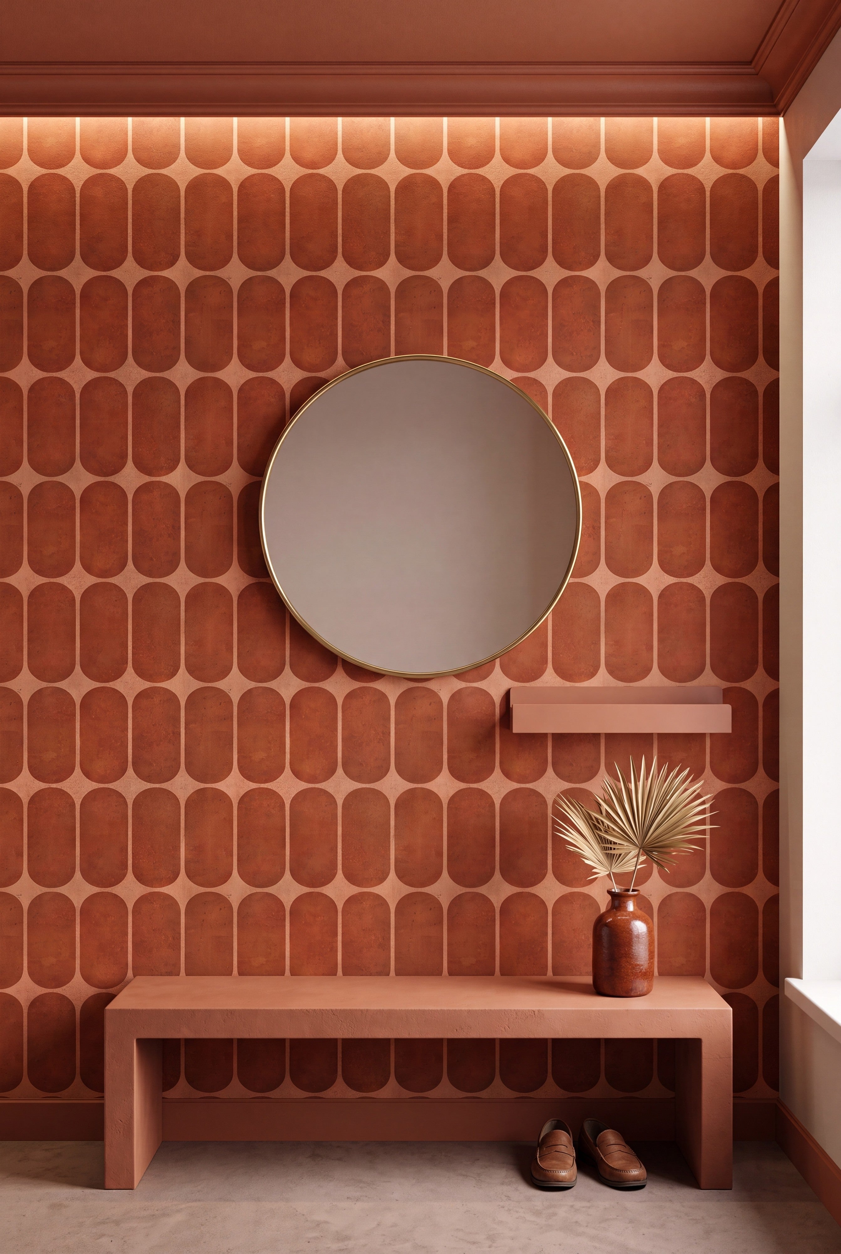 Retro Adobe wallpaper shown on an accent wall