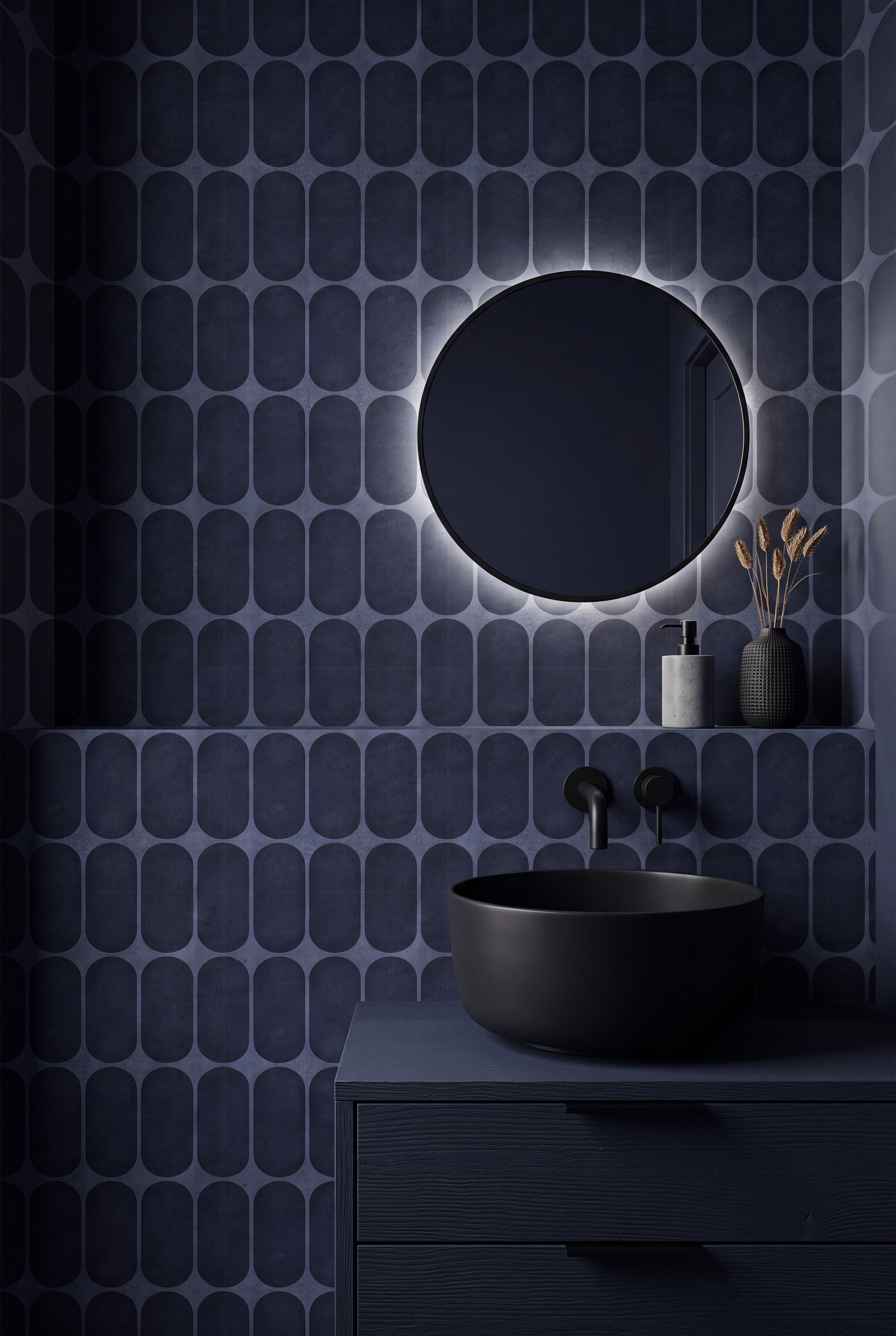 Navy Mod wallpaper shown in a powder room
