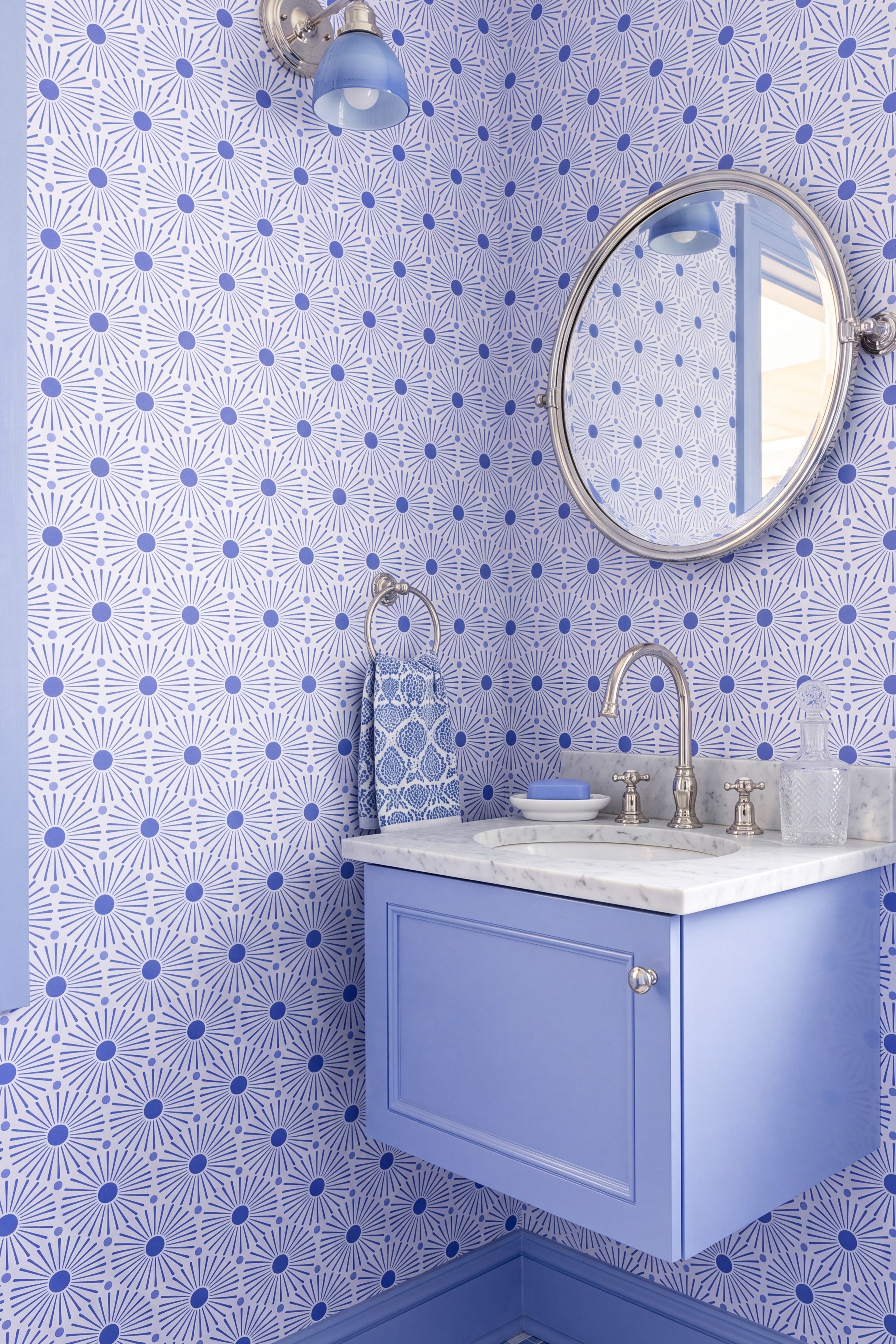 Periwinkle Play wallpaper shown in a powder room