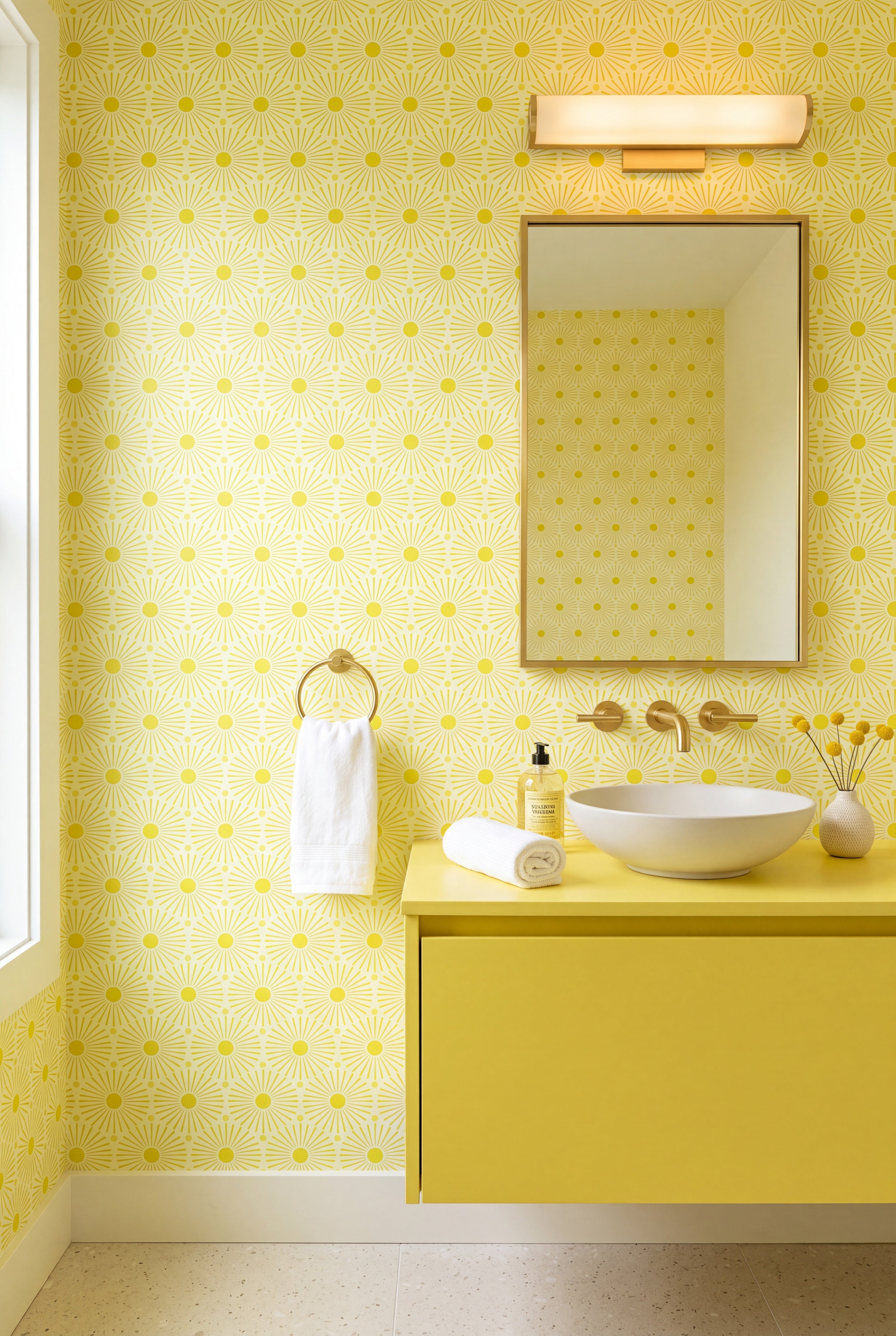 Lemon Burst wallpaper shown in a powder room