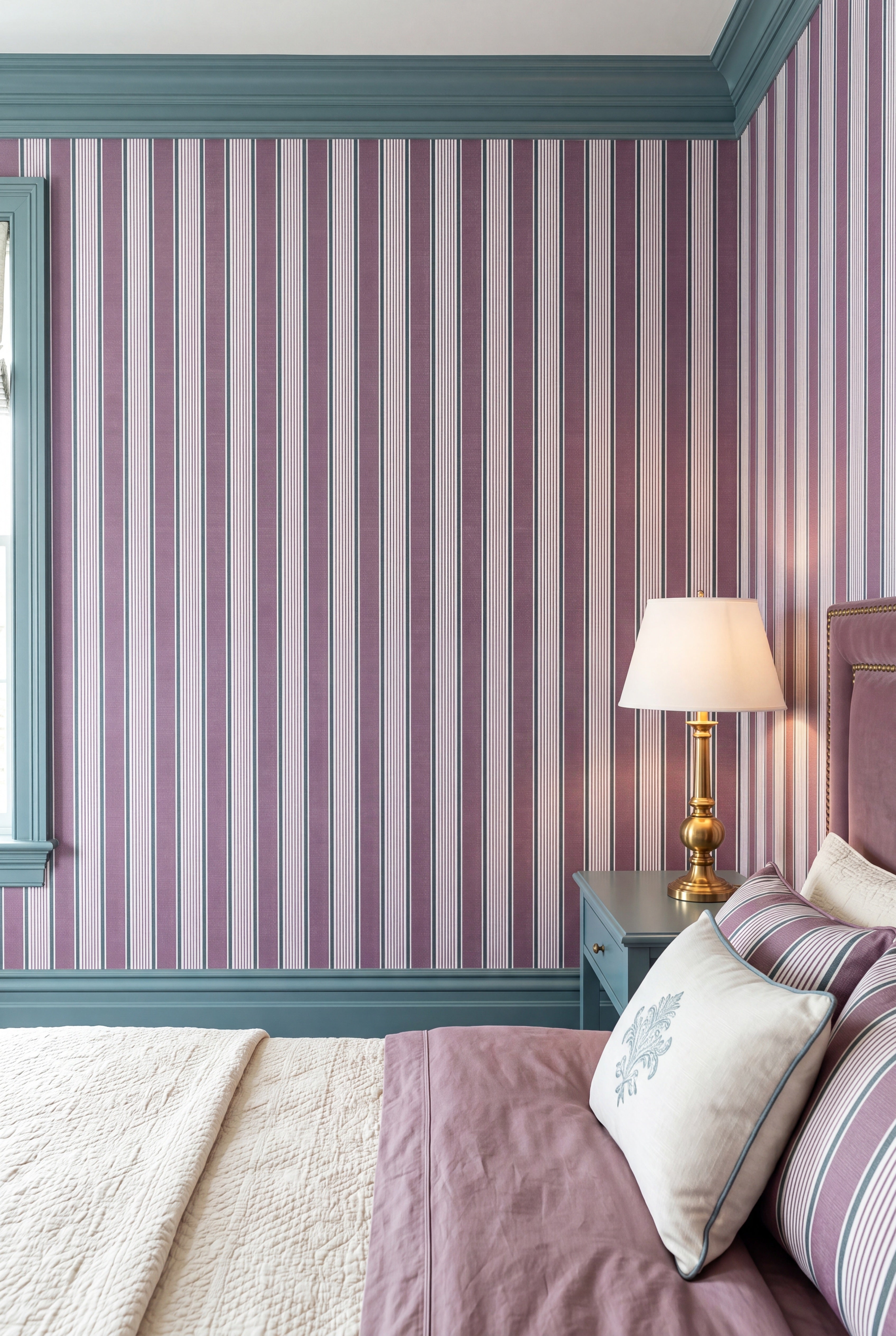 Thistle Stripe wallpaper shown in a bedroom