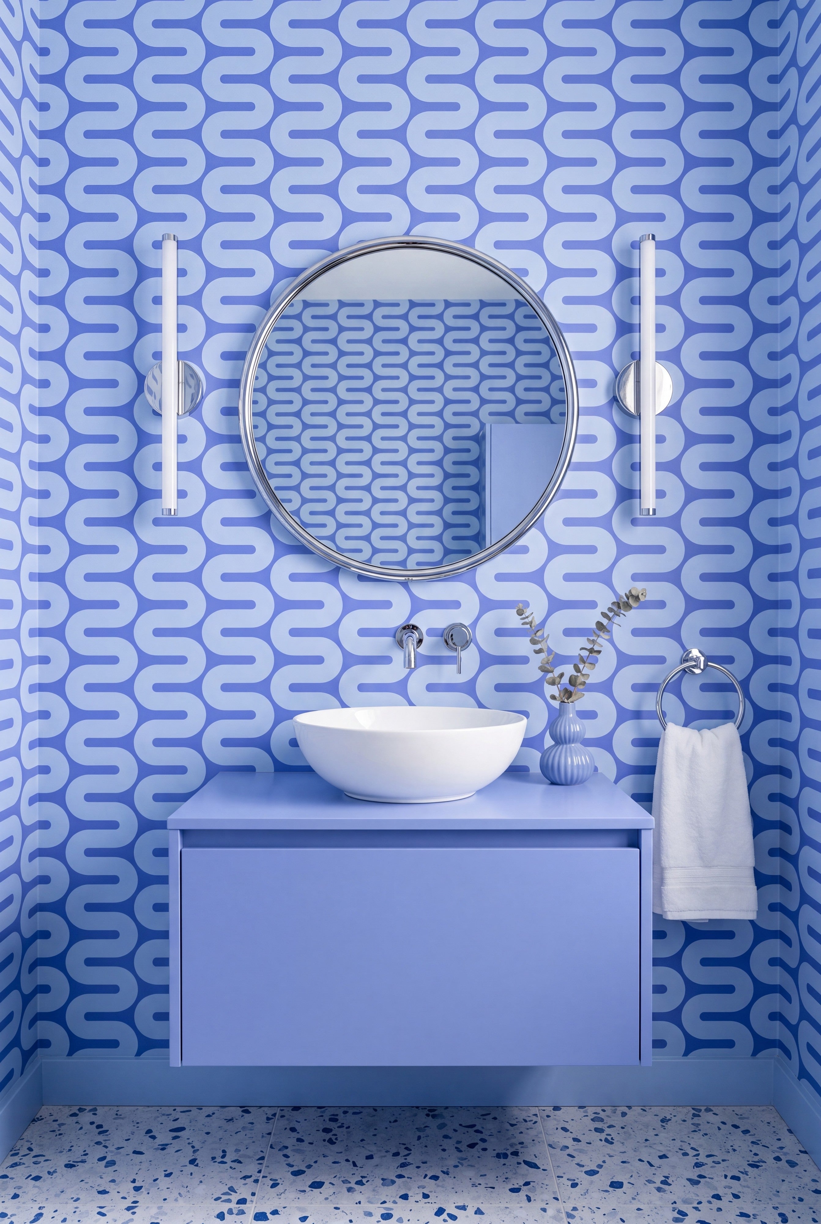 Blue Wiggle wallpaper shown in a powder room