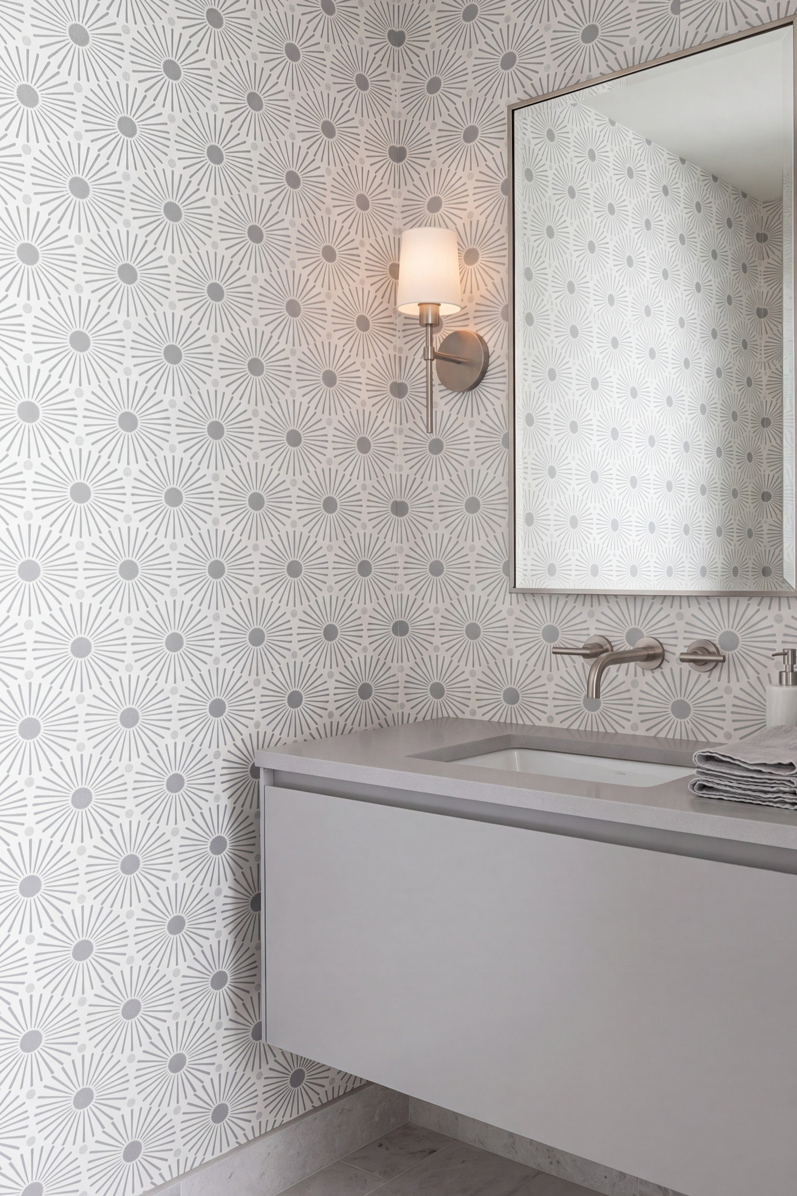 Grey Mod wallpaper shown in a powder room