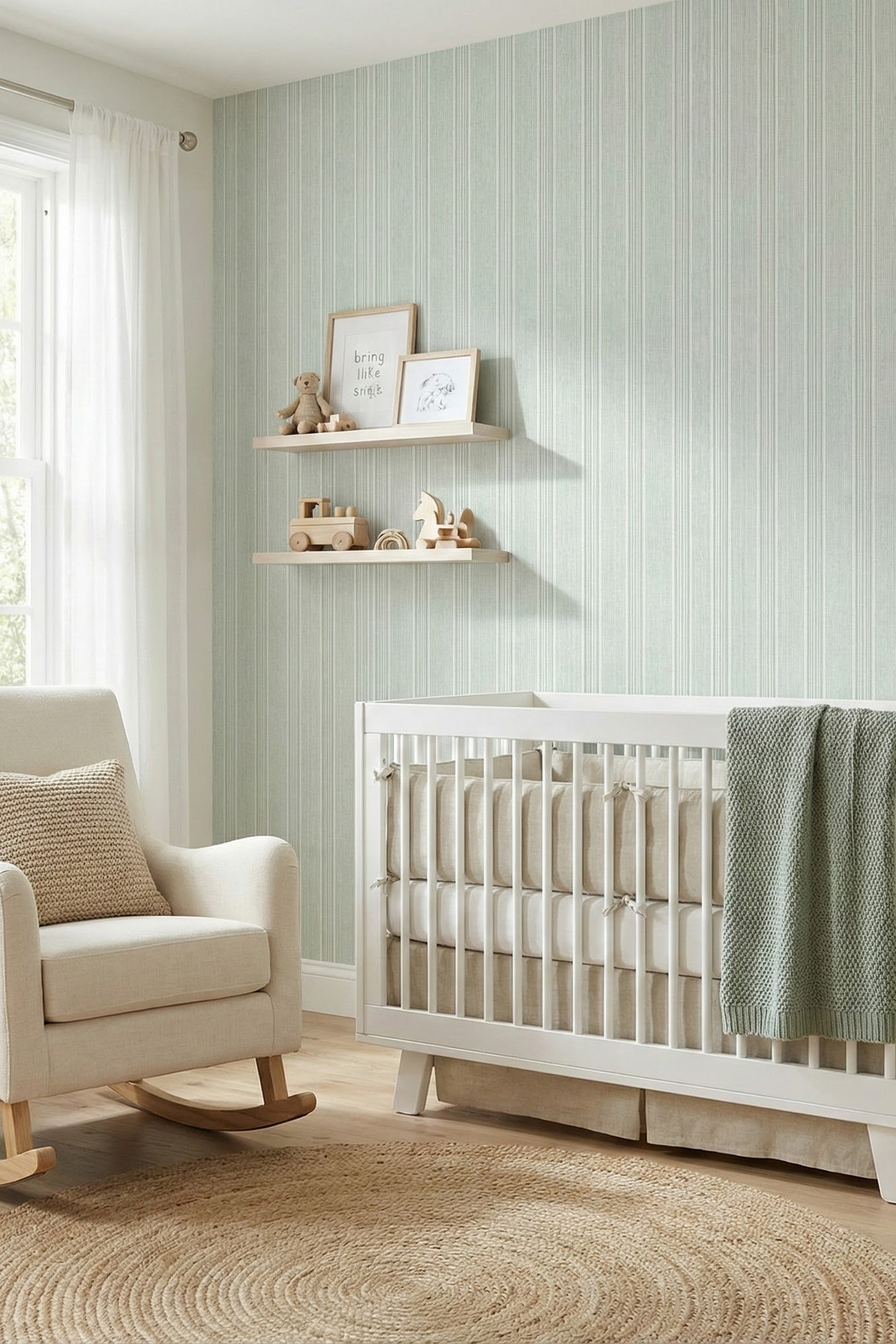 Sage Pinstripe wallpaper shown in a nursery