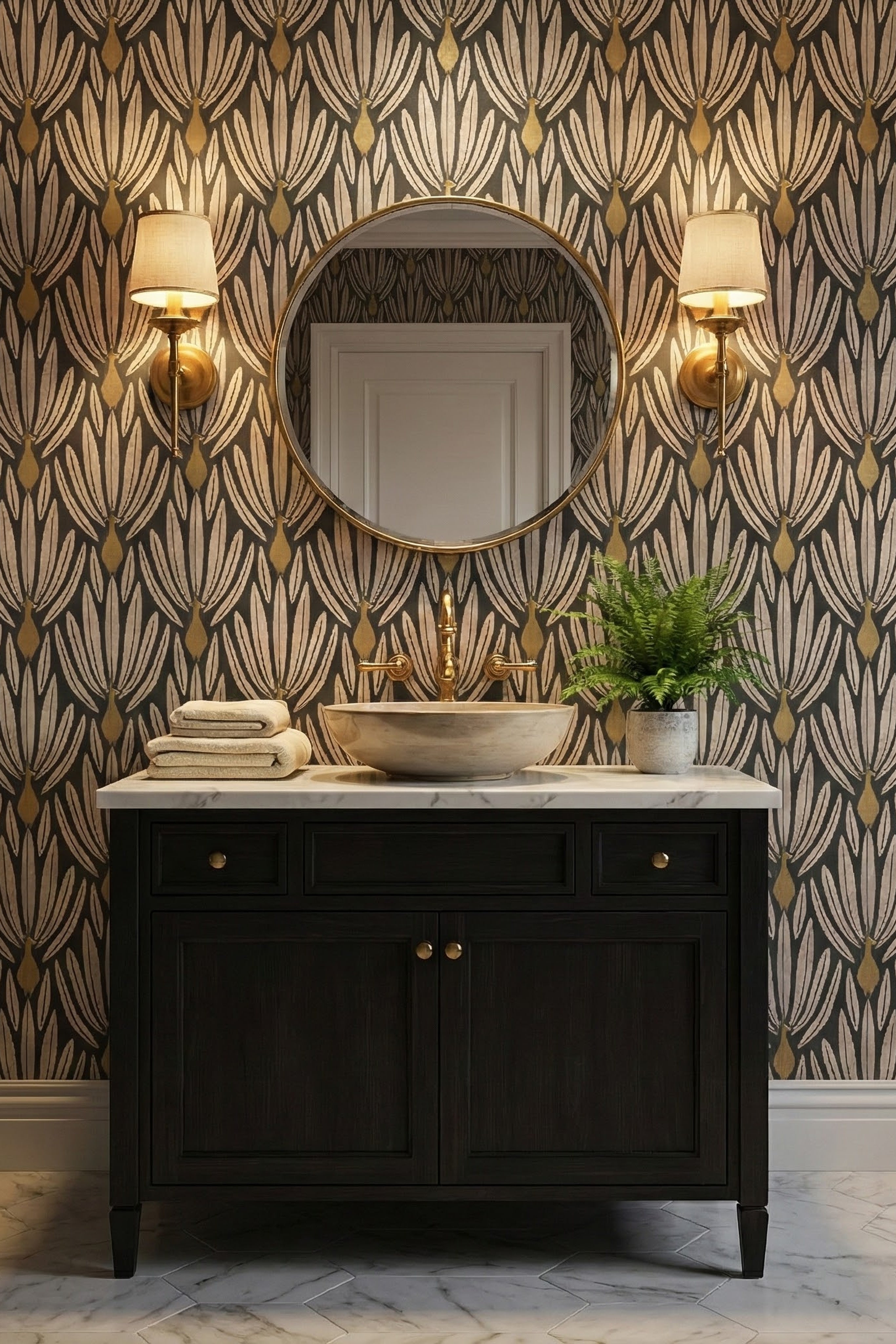 Peacock Deco wallpaper shown in a powder room