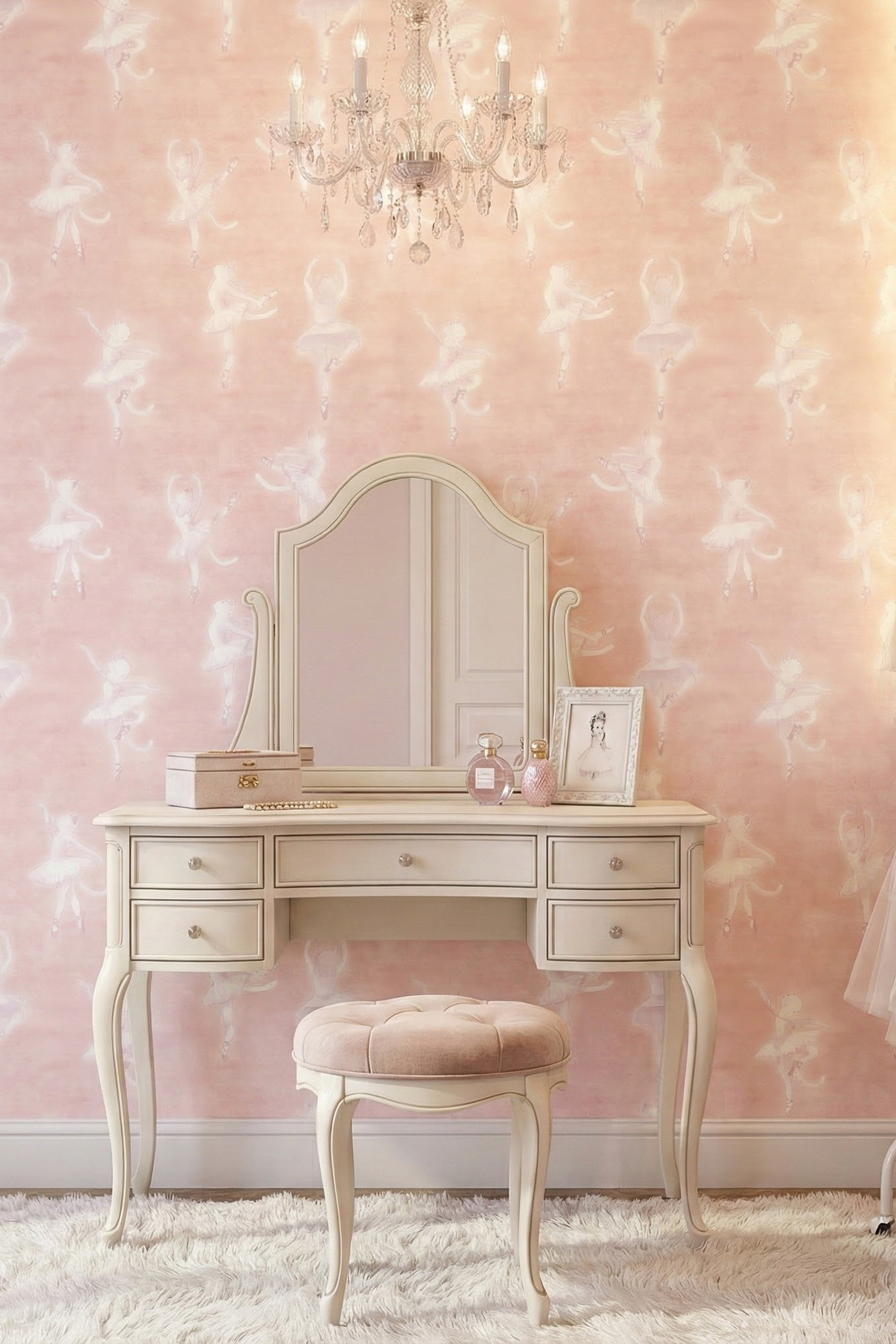 Kitten Ballet wallpaper shown at a makeup vanity
