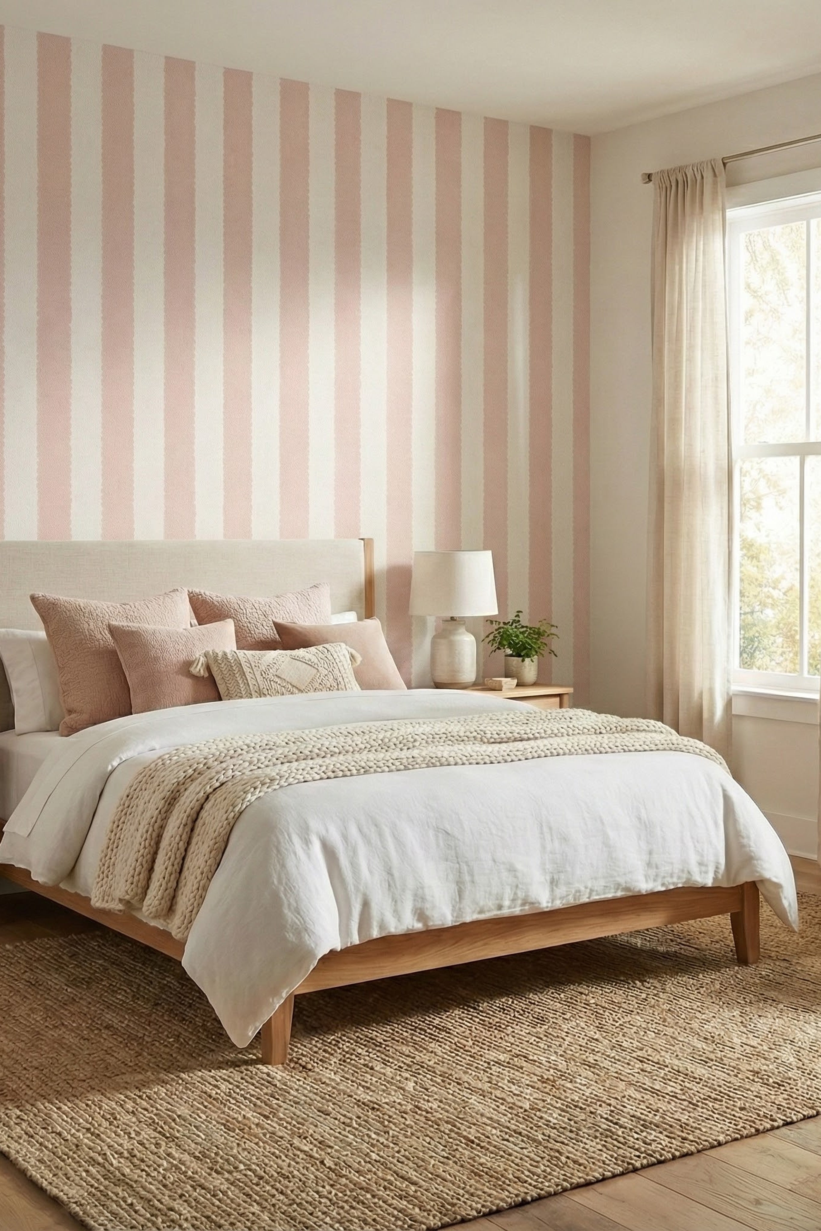 Blush Scallop wallpaper shown in a bedroom