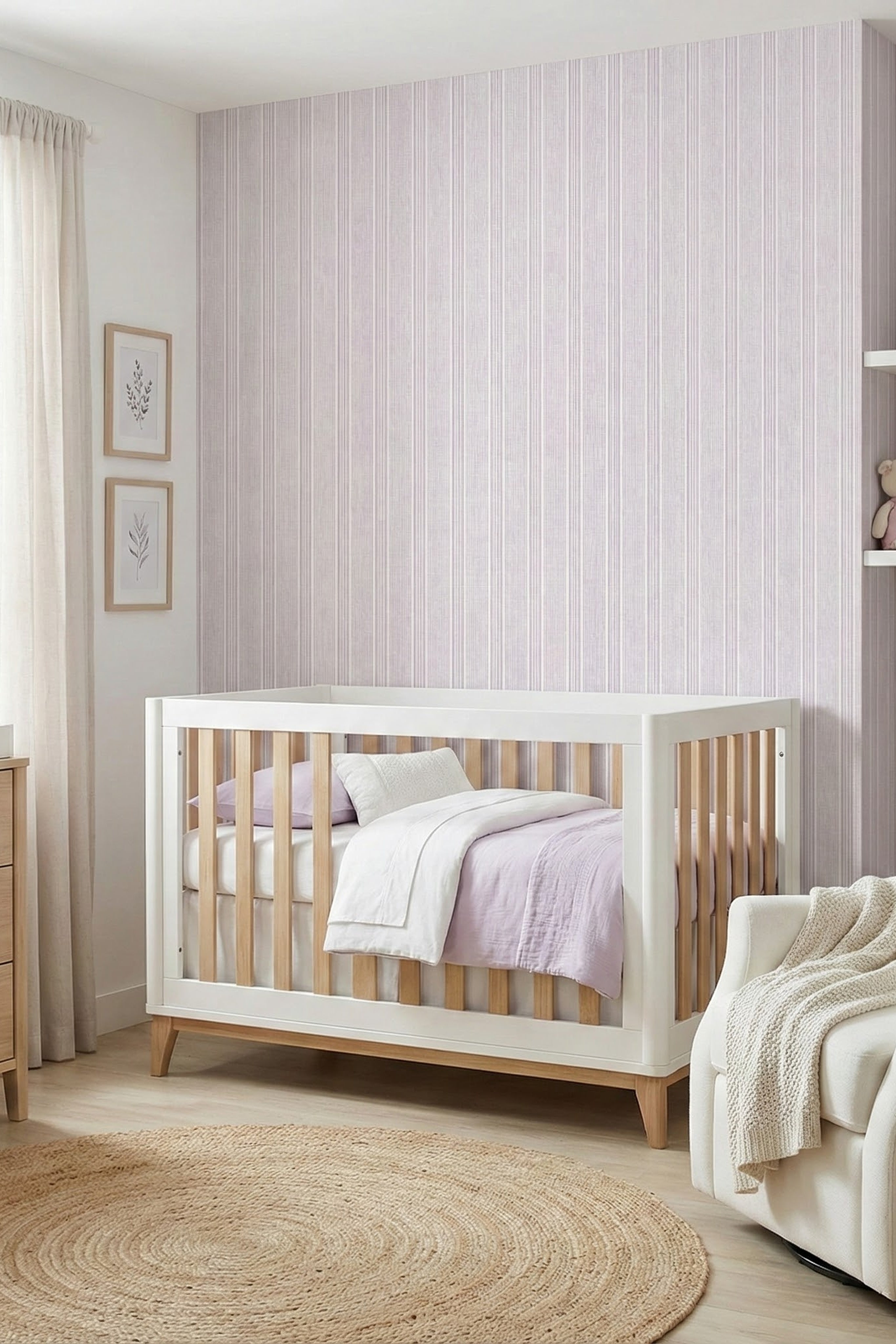 Lavender Pinstripe wallpaper shown in a nursery