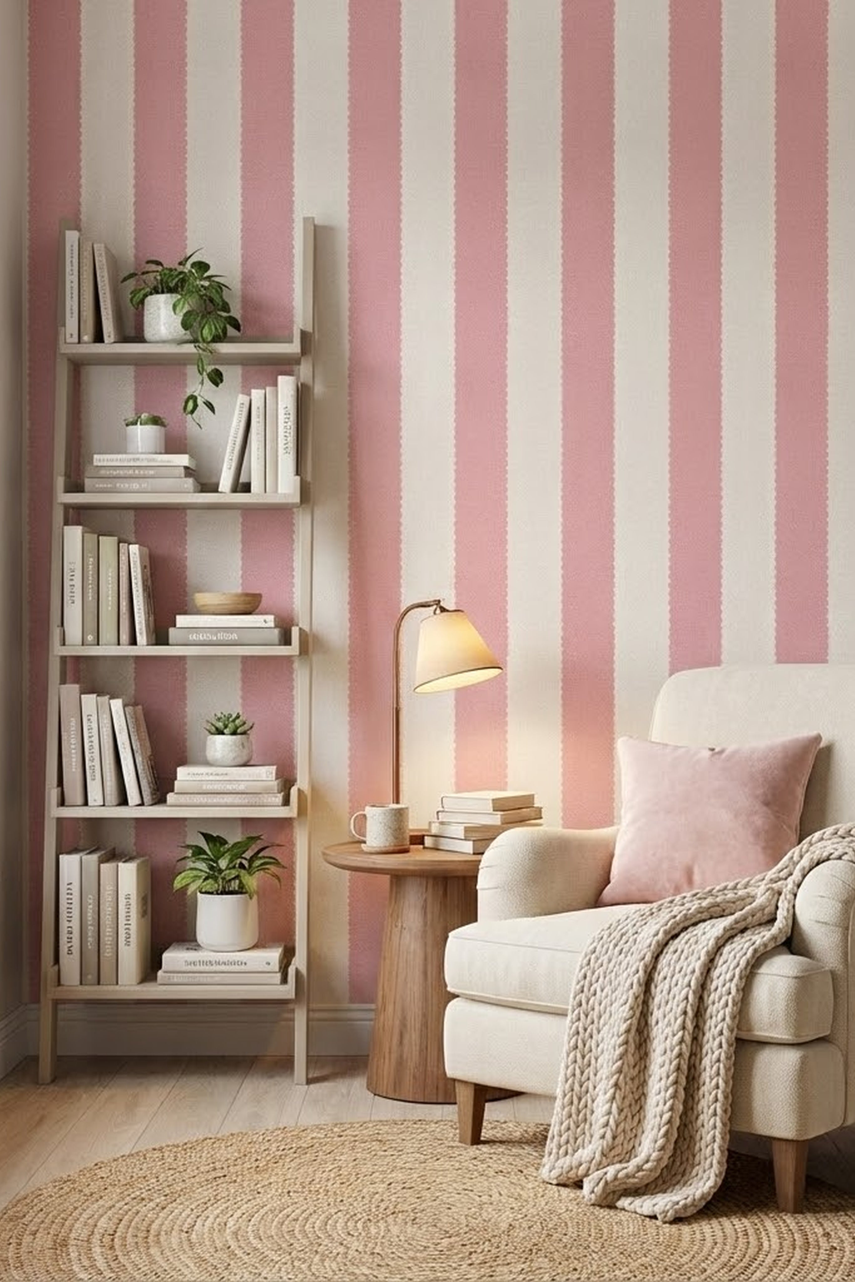 Sugar Scallop wallpaper shown in a reading corner