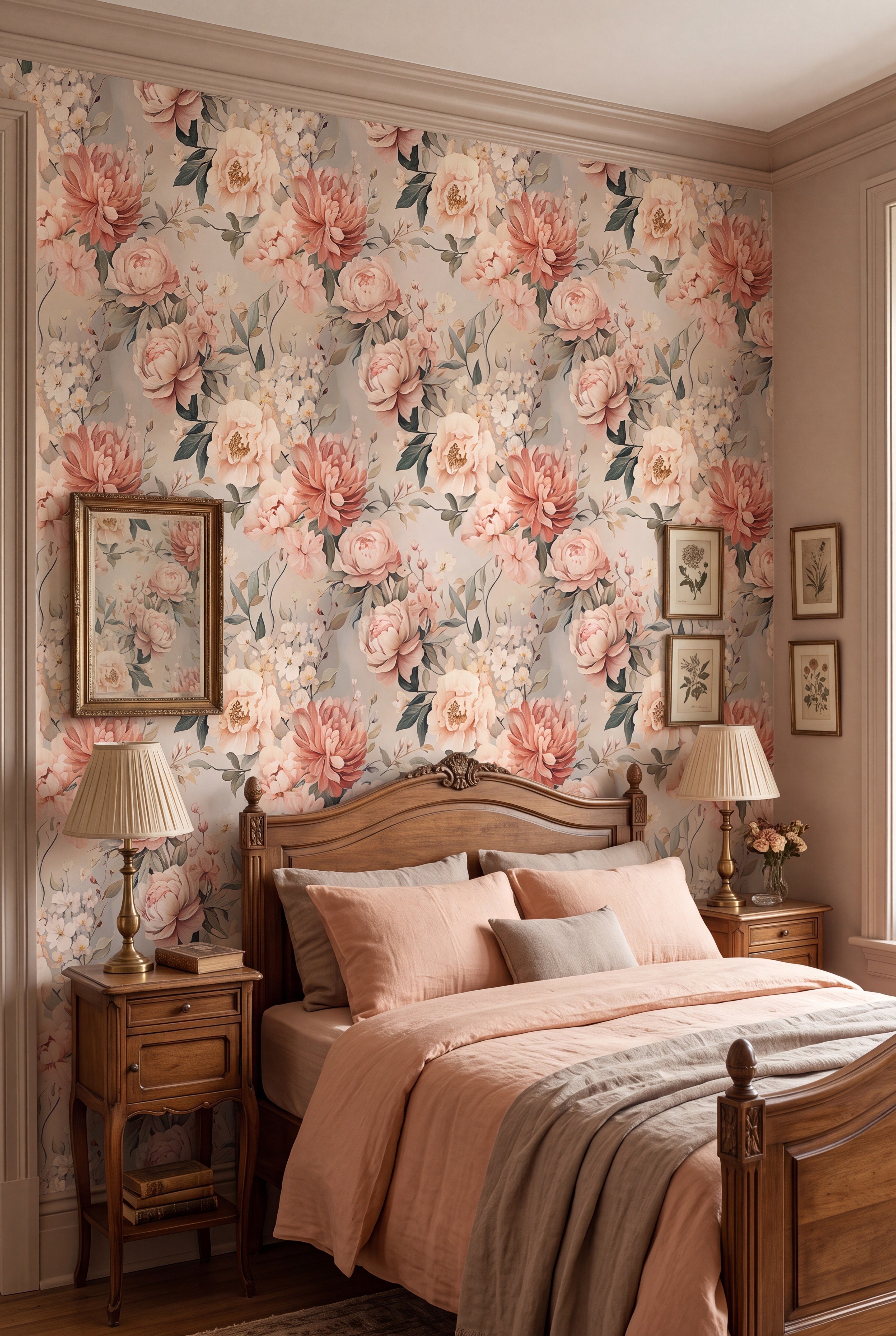 Storybook Rose wallpaper shown in a bedroom