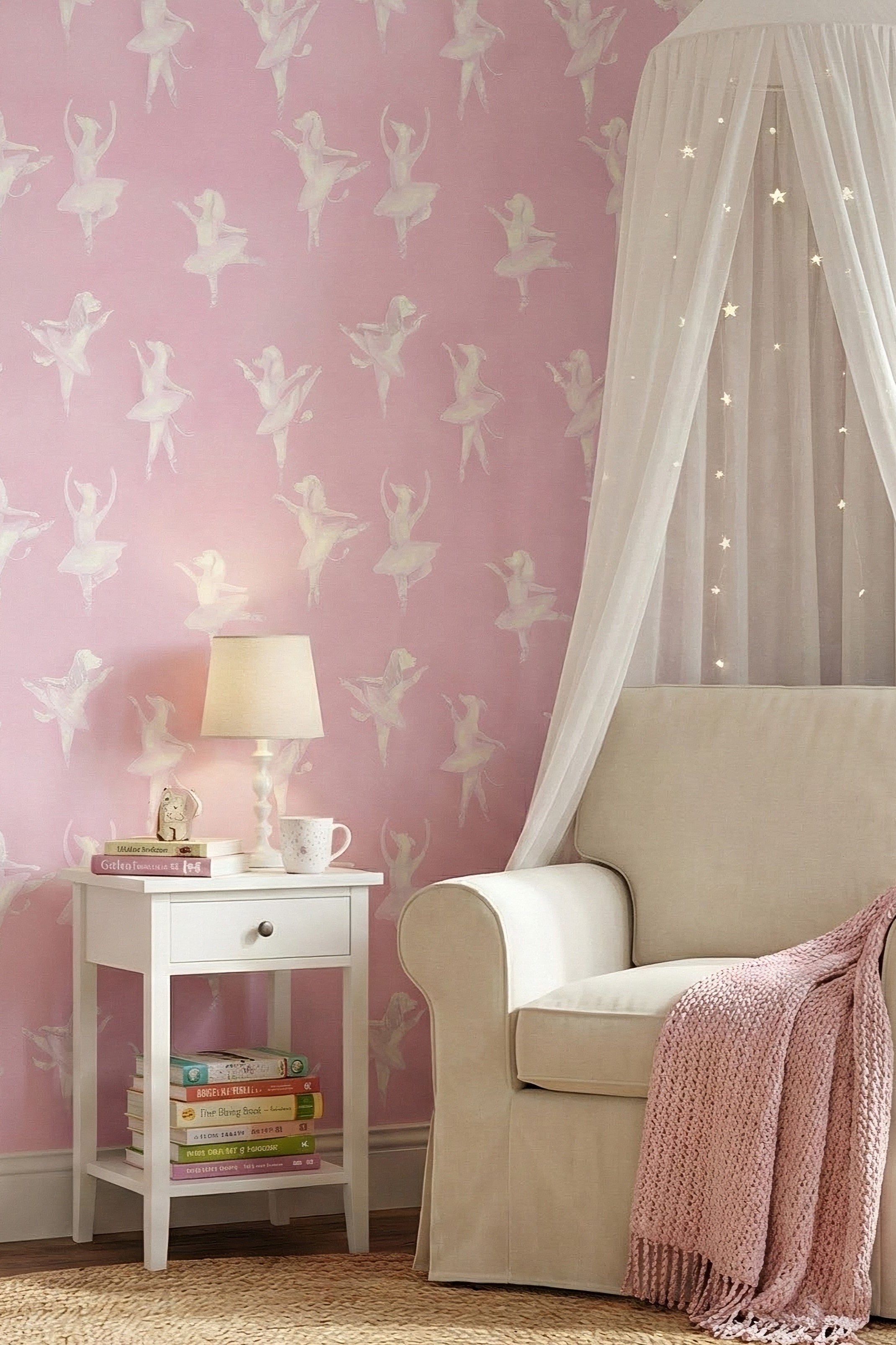 Tutu Pup wallpaper shown in a reading corner