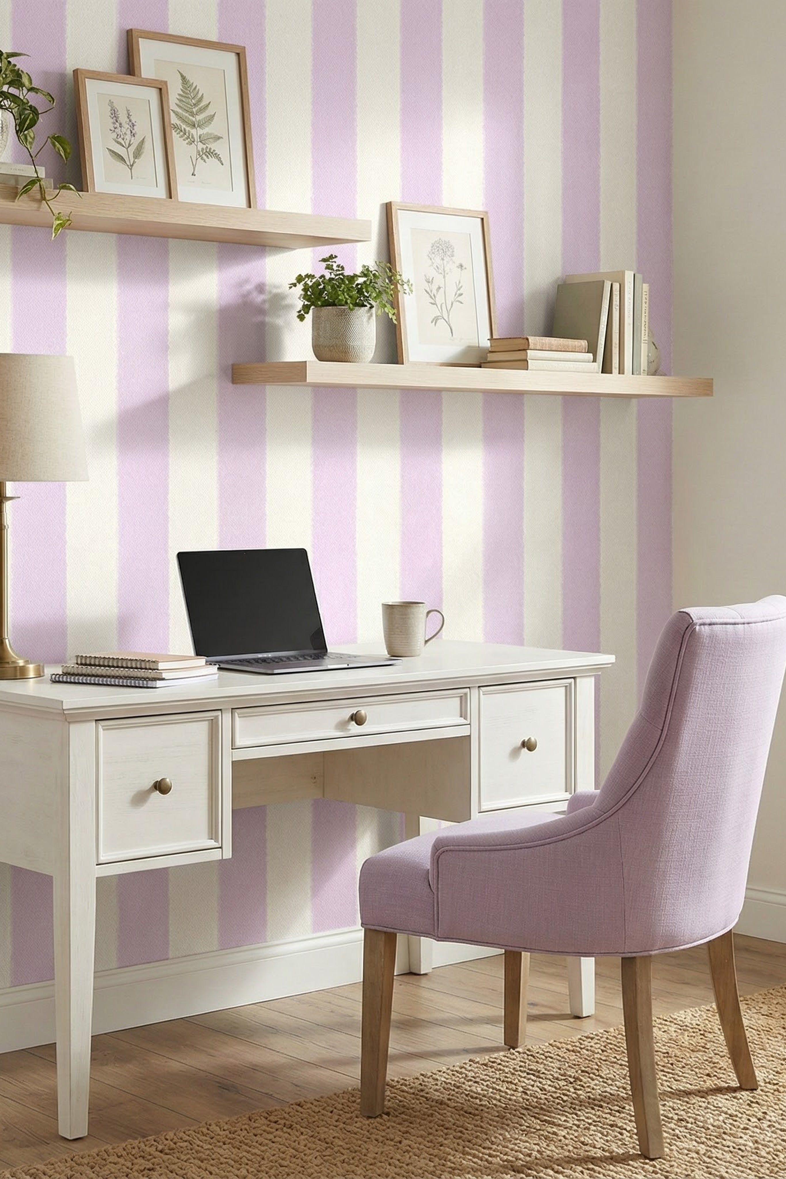 Lavender Scallop wallpaper shown in a home office