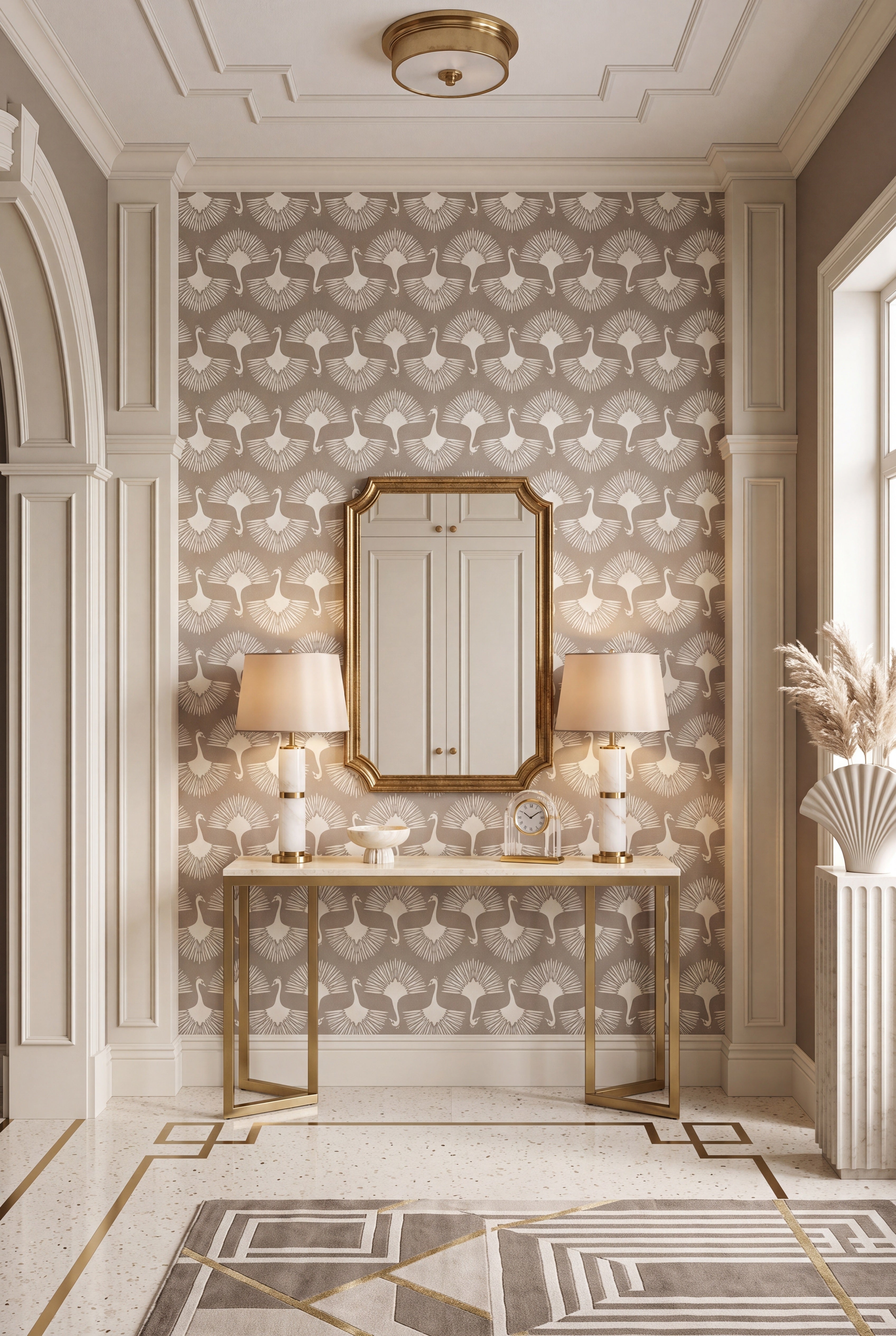 Peacock Promenade wallpaper shown in an entryway