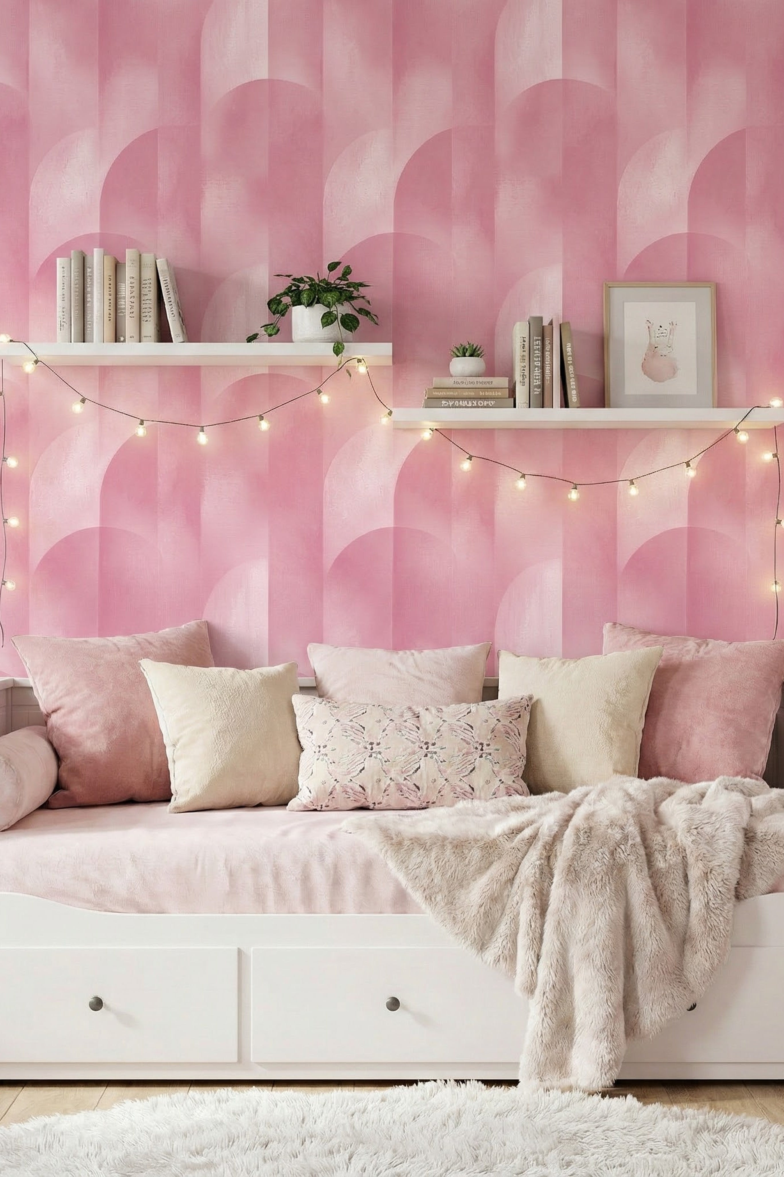 Blush Arcade wallpaper shown in a daybed nook